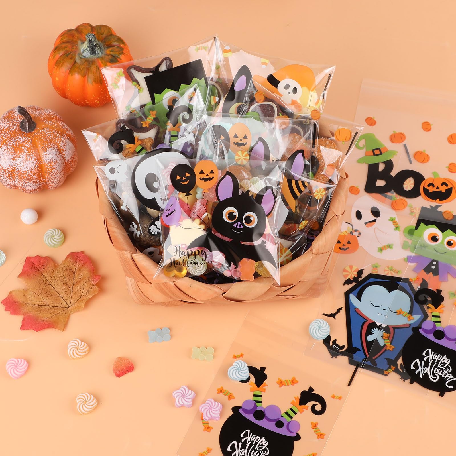 KIMOBER 240pcs Halloween Cellophane Treat Bags - Self Adhesive Clear Cookie & Candy Bags, Self Sealing Transparent Cello Goodie Bags for Halloween Party Favors, Trick or Treat, School Events & Gift Wrapping
