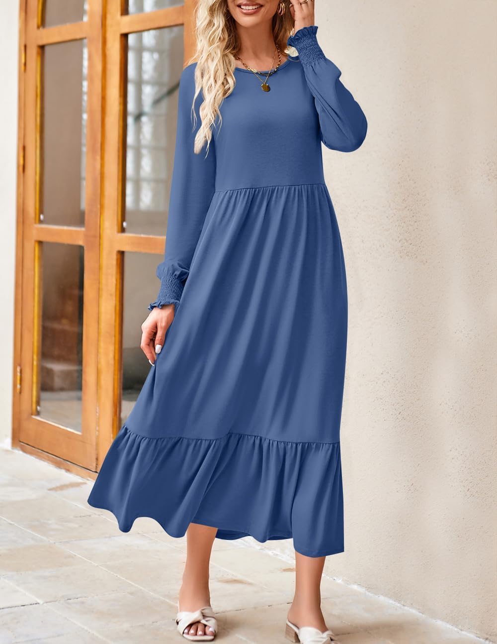 ZESICA Women's Spring Long Sleeve Crewneck Dress 2025 - Casual Loose Pleated Tiered Swing Midi Dress with Pockets | Perfect for Office, Brunch & Spring Outings