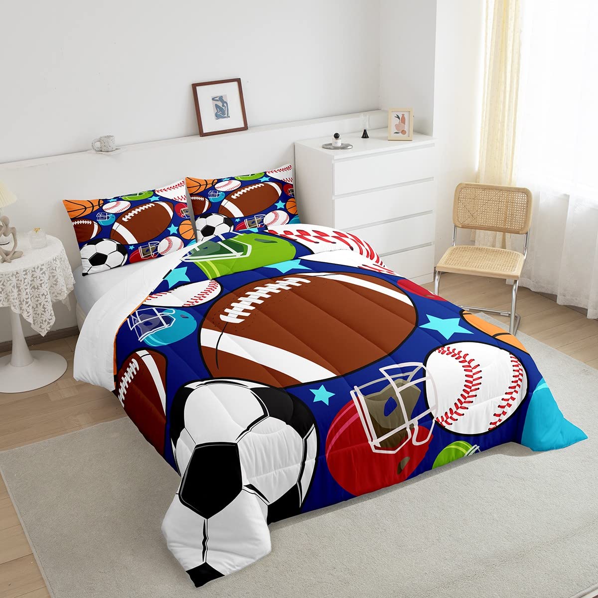 Kids Sports Comforter Set - Football, Basketball, Baseball - Queen Size with Pillowcases for Boys Bedroom