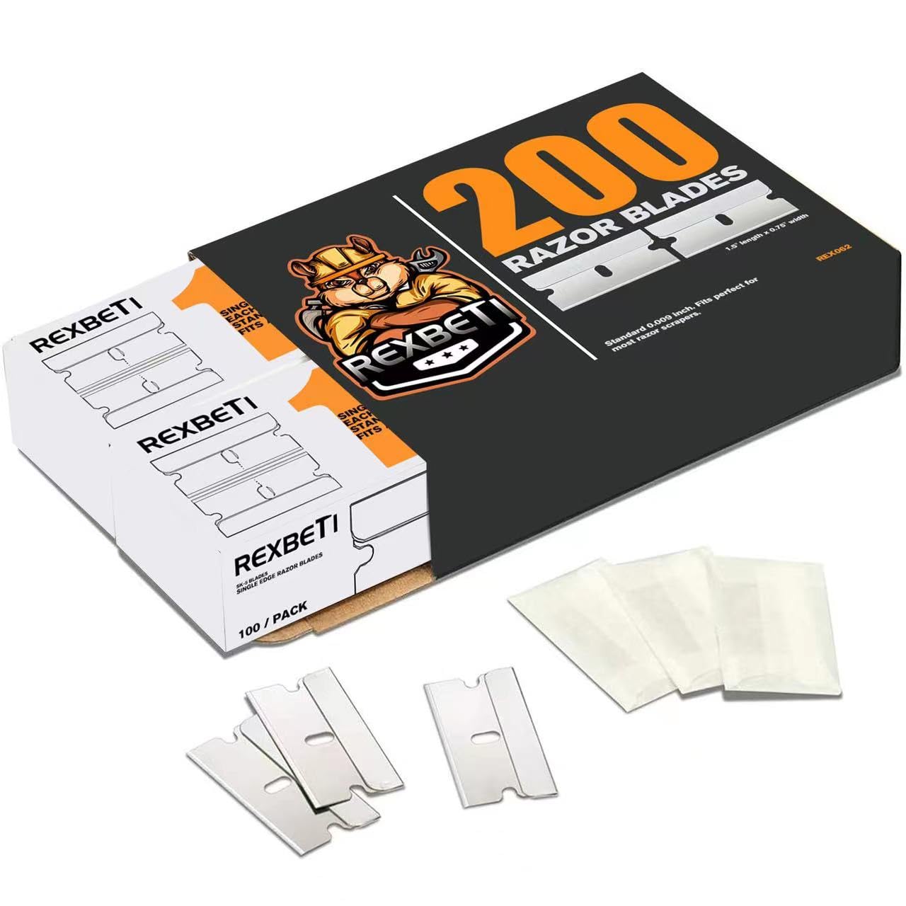 REXBETI 200PCS Single Edge Razor Blades - Industrial Utility Blades for Scrapers, Paint & Sticker Removal - Heavy Duty Sharp Blades for Label, Decal, Adhesive & Paint Removal - Perfect for DIY, Home Improvement & Craft Projects