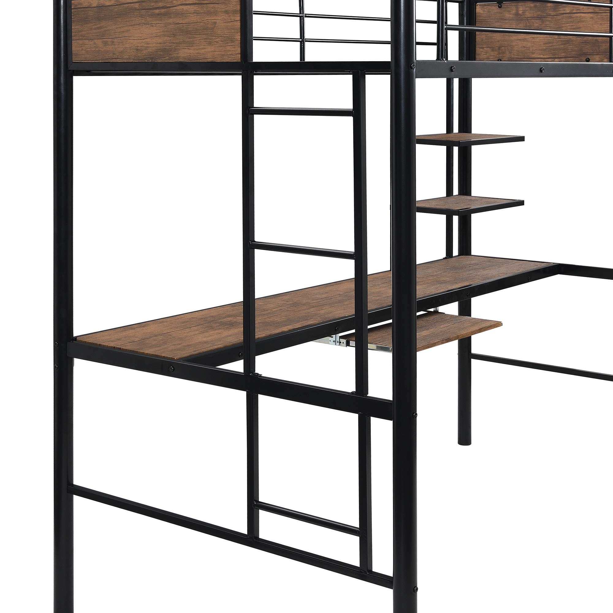 Twin Size Metal Bunk Bed Frame with Bilateral Ladders, Safety Guardrails, Built-in Desk & Bookcase - Space-Saving Loft Bed with Keyboard Tray for Kids & Teens | Perfect for Small Bedrooms, Dorms & Shared Kids' Rooms