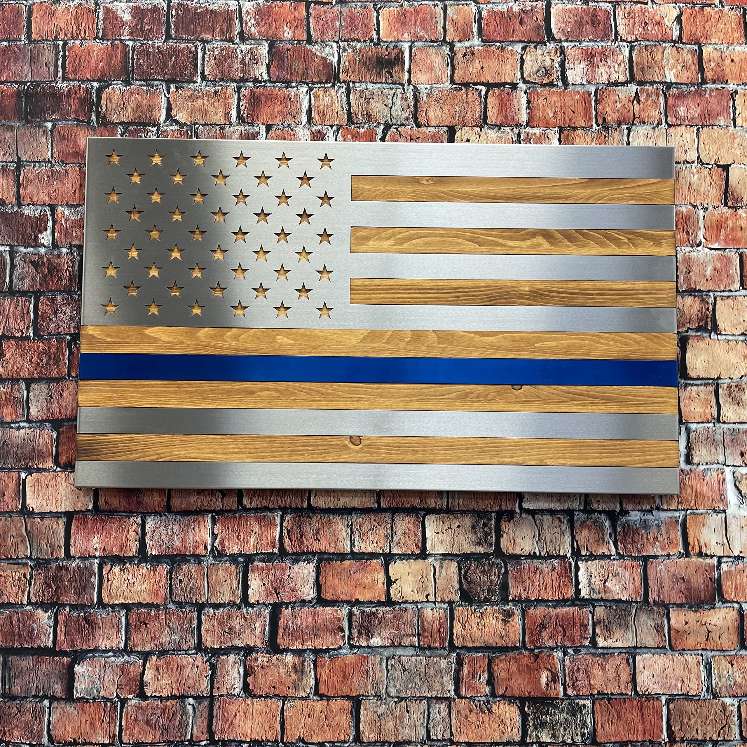 Burnt & Oiled Pine with Polished Steel Inlay American Flag Wall Art - Rustic Patriotic Home Decor for Living Room, Office & Man Cave