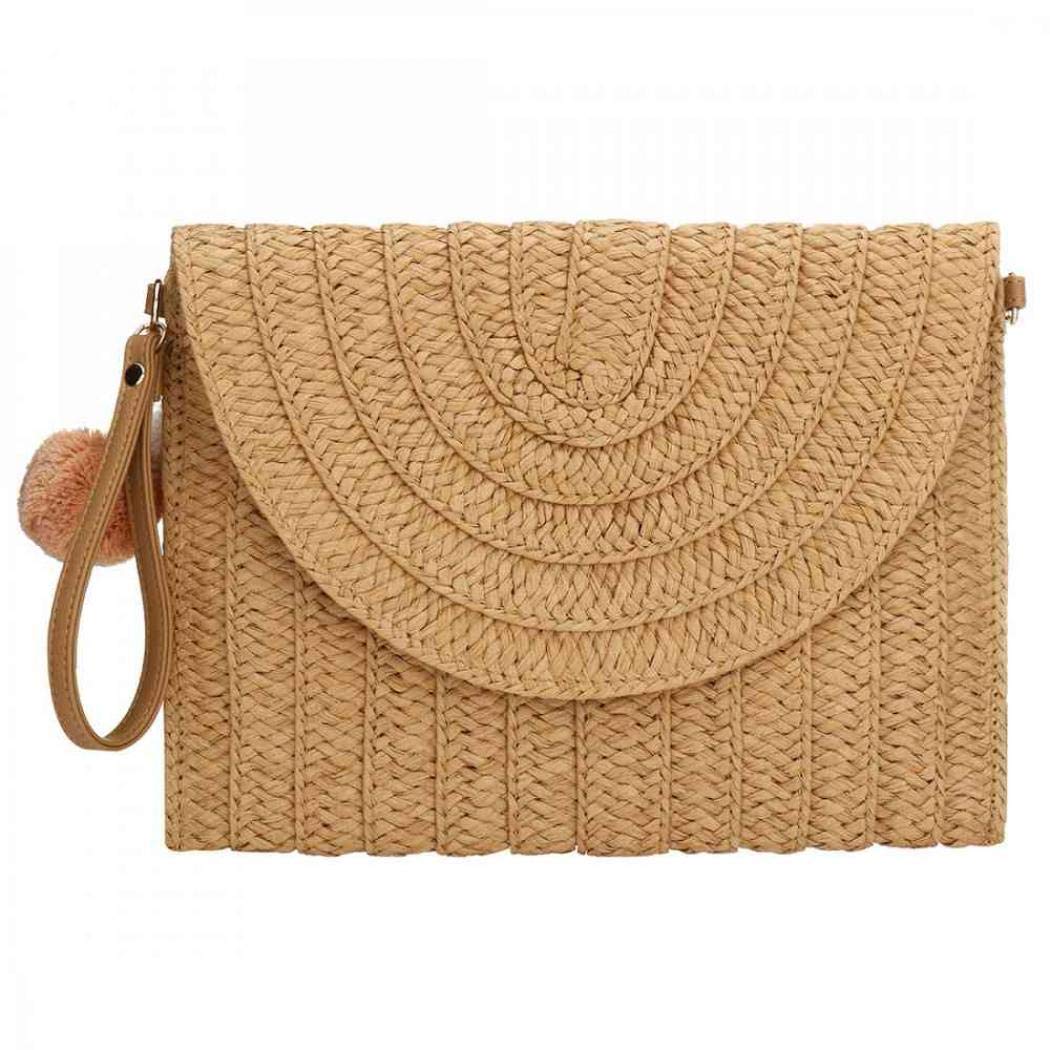 Natural Straw Clutch Shoulder Bag for Women - Woven Large Purse Handbag (Khaki) | Beach Wedding, Summer Vacation & Boho Style Accessory