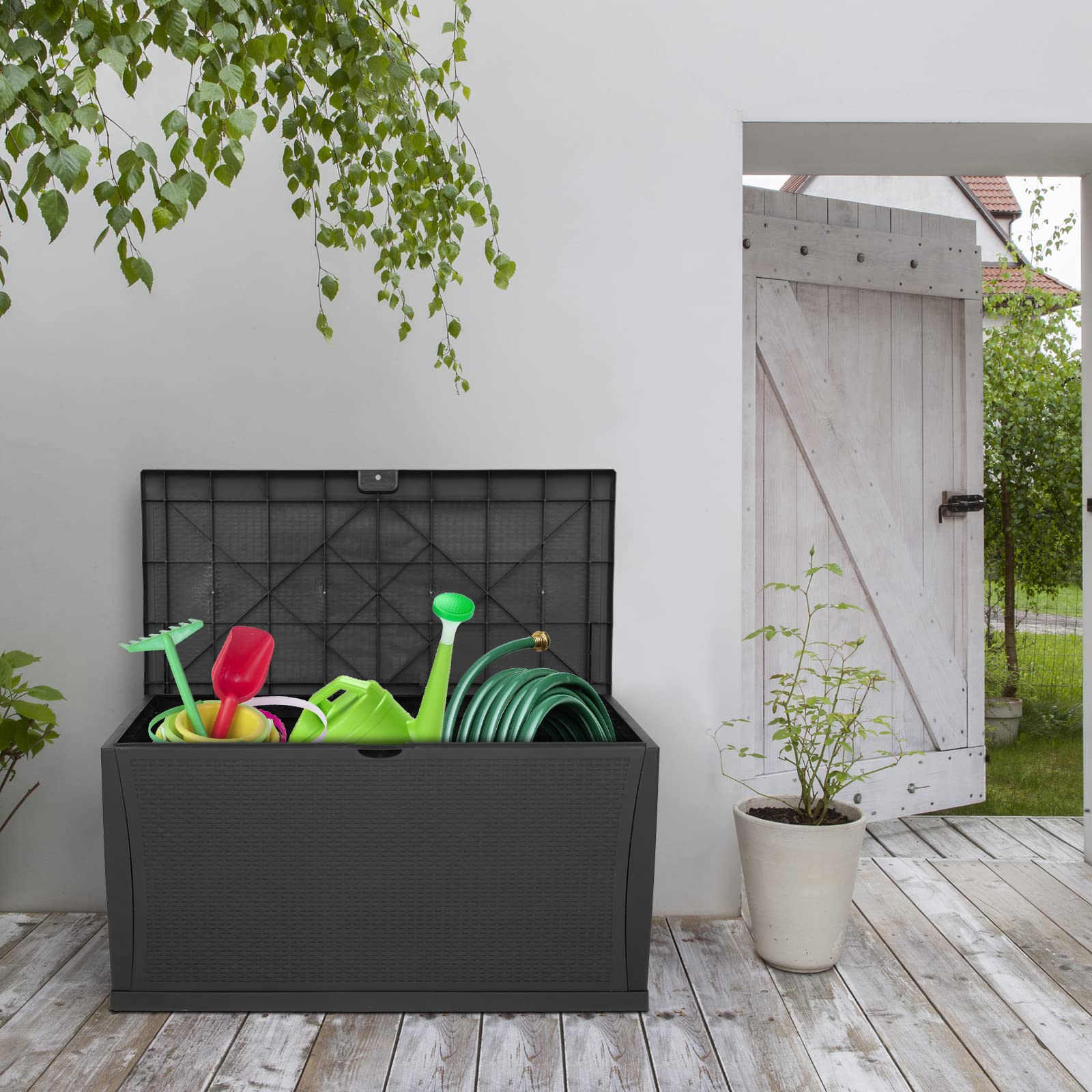 VINGLI 120 Gallon Outdoor Storage Box with Lockable Lid - Waterproof Plastic Deck Box with Rattan Grain Surface for Patio, Garden, Pool, Balcony & Yard - Perfect for Storing Cushions, Pool Toys & Outdoor Gear (Black)