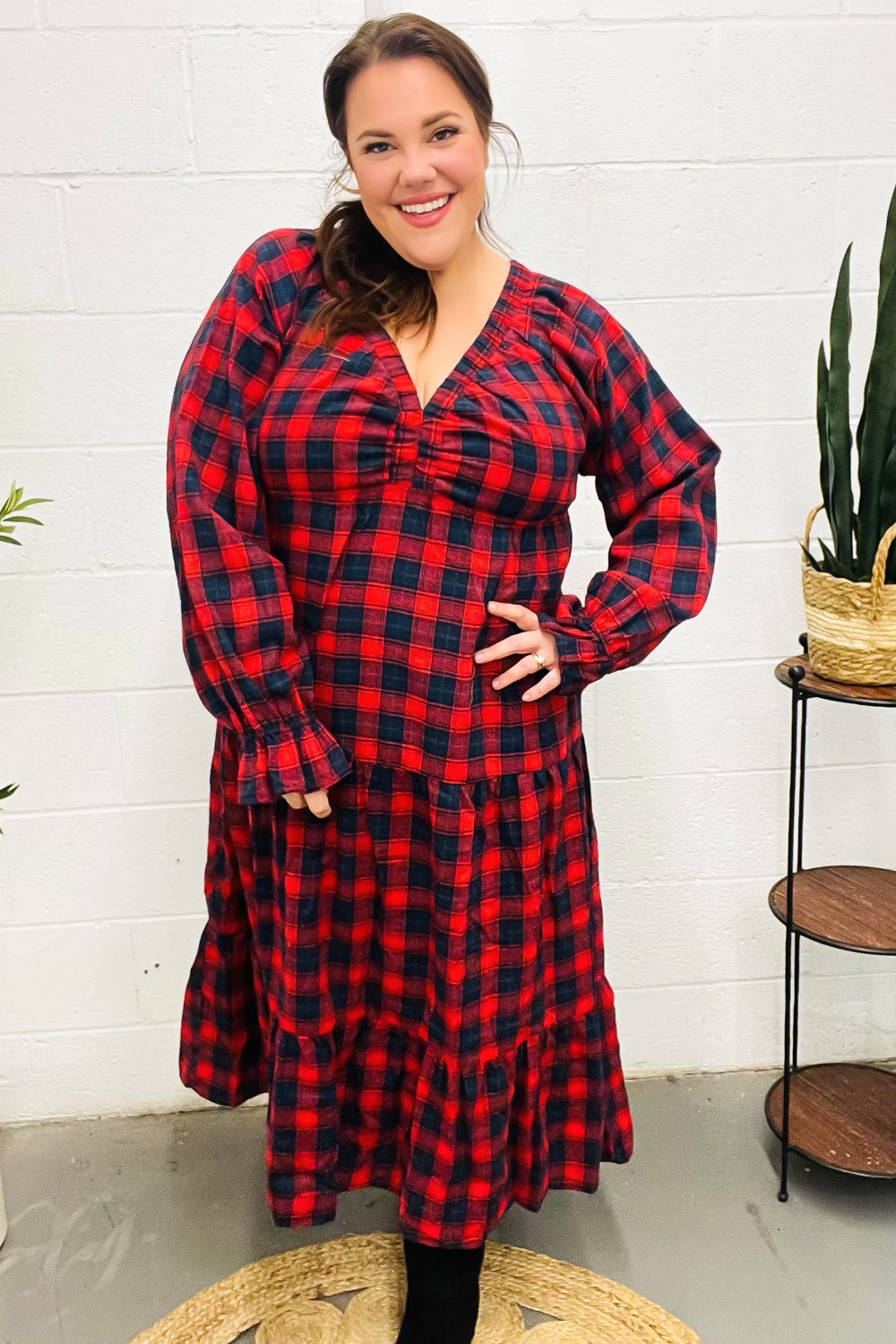 Stylish Red Plaid Elastic V-Neck Tiered Maxi Dress for Women | Flowy Long Summer Dress | Perfect for Beach, Vacation & Casual Outings
