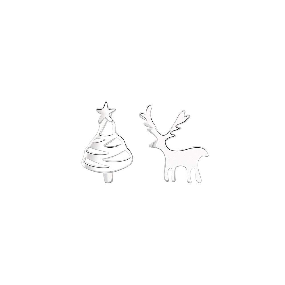 Hypoallergenic Sterling Silver Deer Christmas Tree Stud Earrings for Women - Cartilage & Lobe Piercing Jewelry - Perfect Holiday Gift for Christmas, Party & Festive Occasions