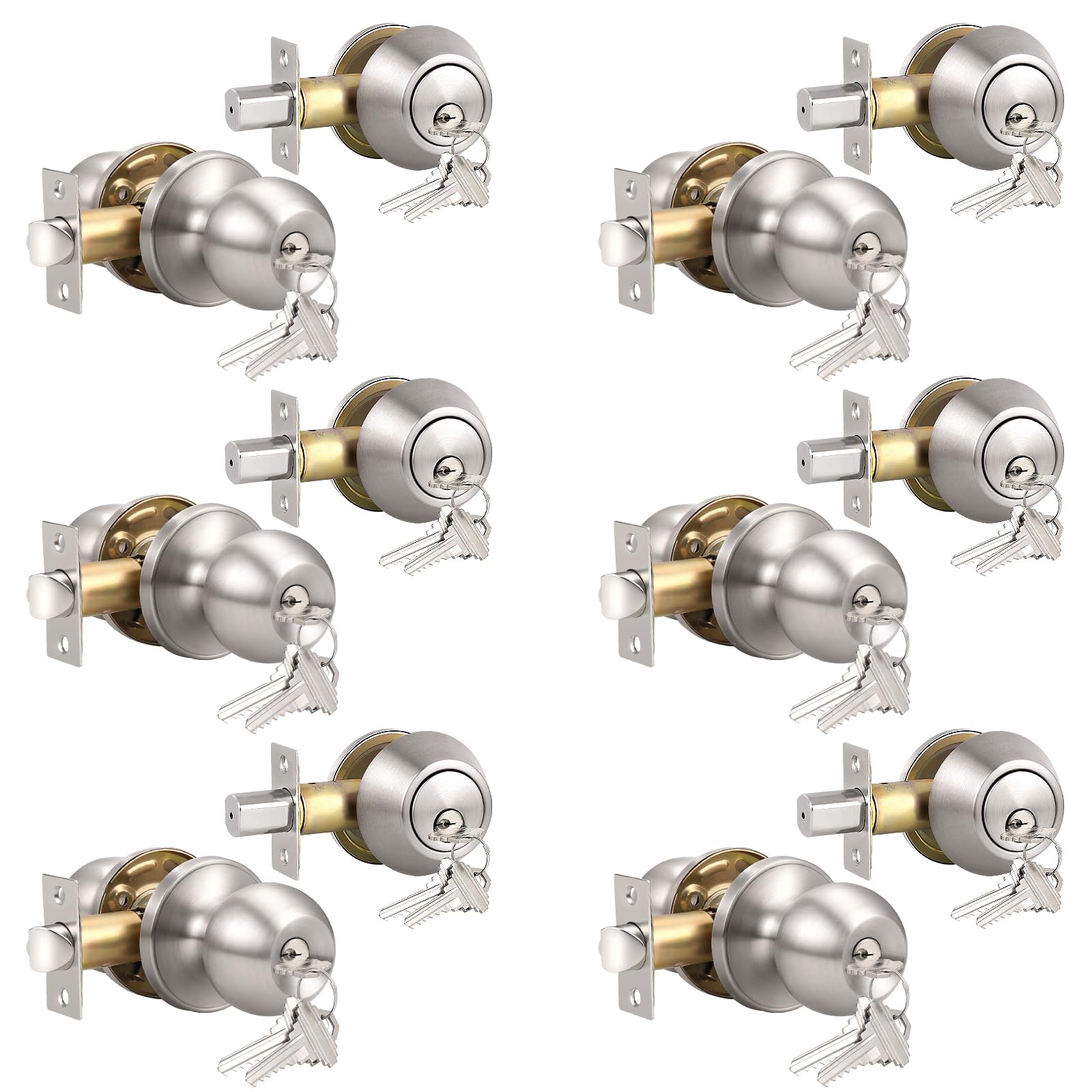 6 Pack Keyed Alike Exterior Door Knobs - Stainless Steel Round Outdoor Lock with One-Sided Deadbolt, Satin Nickel & Silver Door Handle Sets for Home Security & Patio Doors