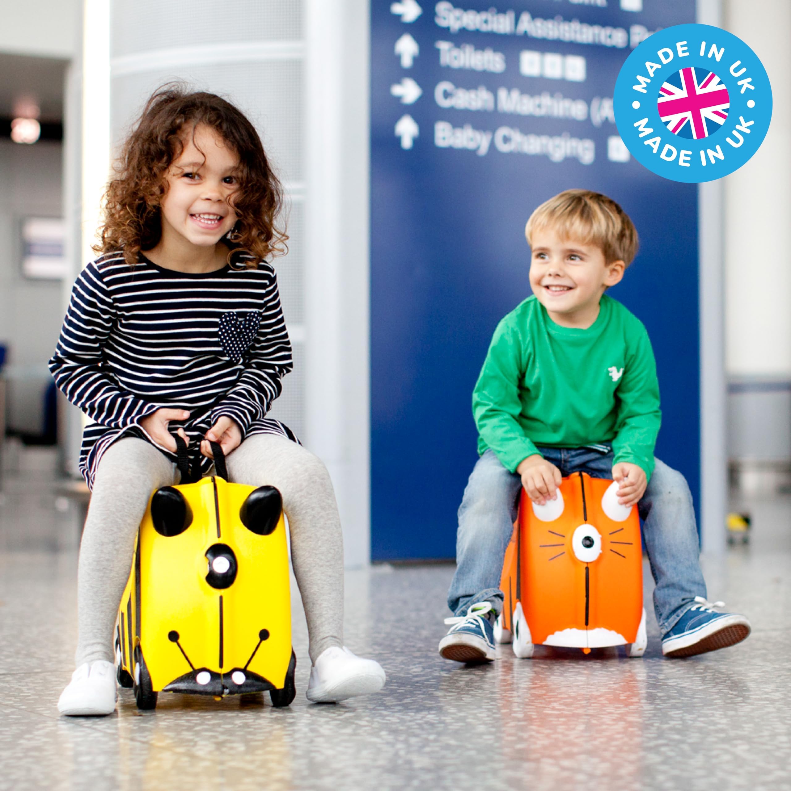 Trunki Ride-On Kids Suitcase - Tow-Along Toddler Luggage with Wheels | Airplane Travel Essentials for Boys & Girls | Bernard Bee Yellow | Perfect for Family Trips, Airport Adventures & Playtime