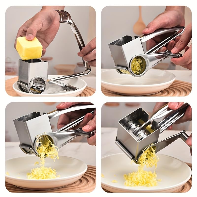 Premium Stainless Steel Rotary Cheese Grater - Hand Crank Kitchen Tool for Shredding Hard Cheese, Chocolate, Vegetables & Nuts | Perfect for Pizza Topping, Baking & Meal Prep