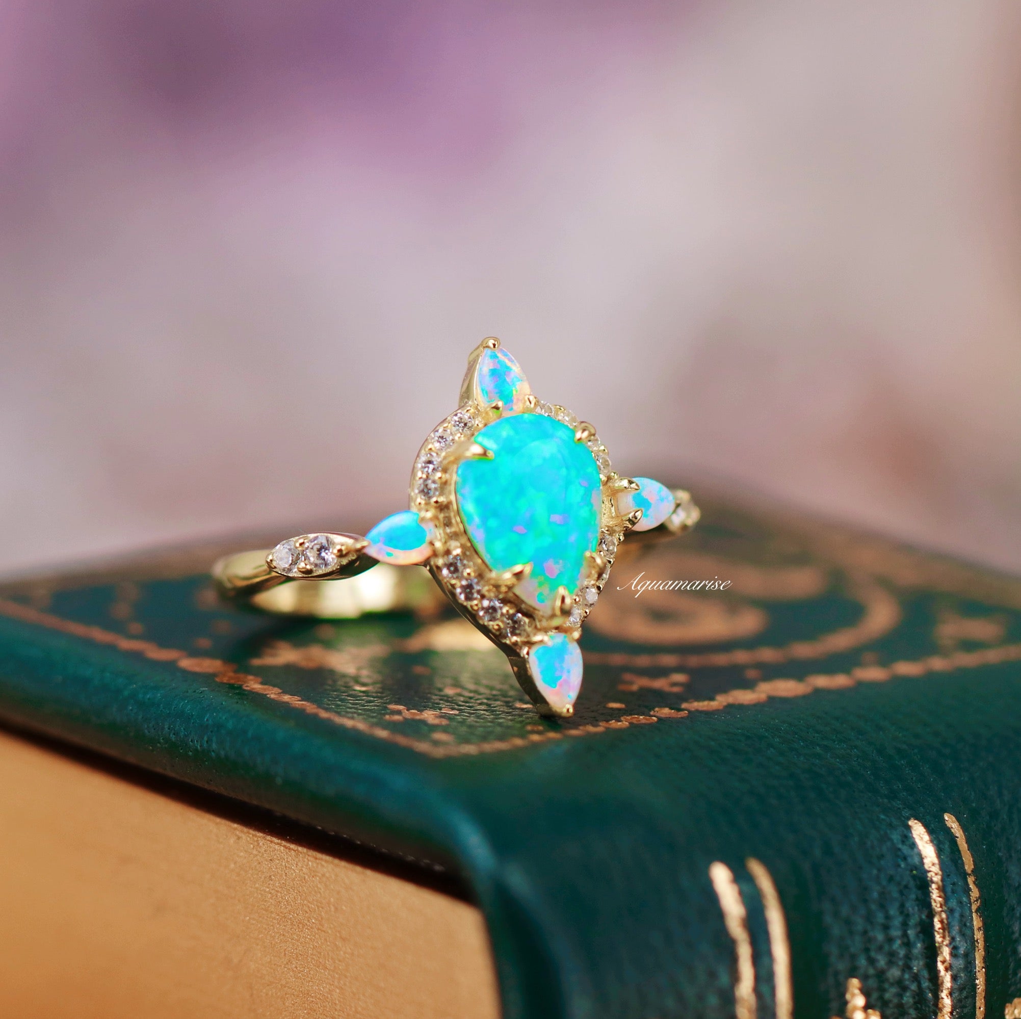 Blue Fire Opal Engagement Ring - 14K Yellow Gold Vermeil for Women | Elegant Wedding, Anniversary & Promise Ring | Perfect for Proposals & Special Occasions