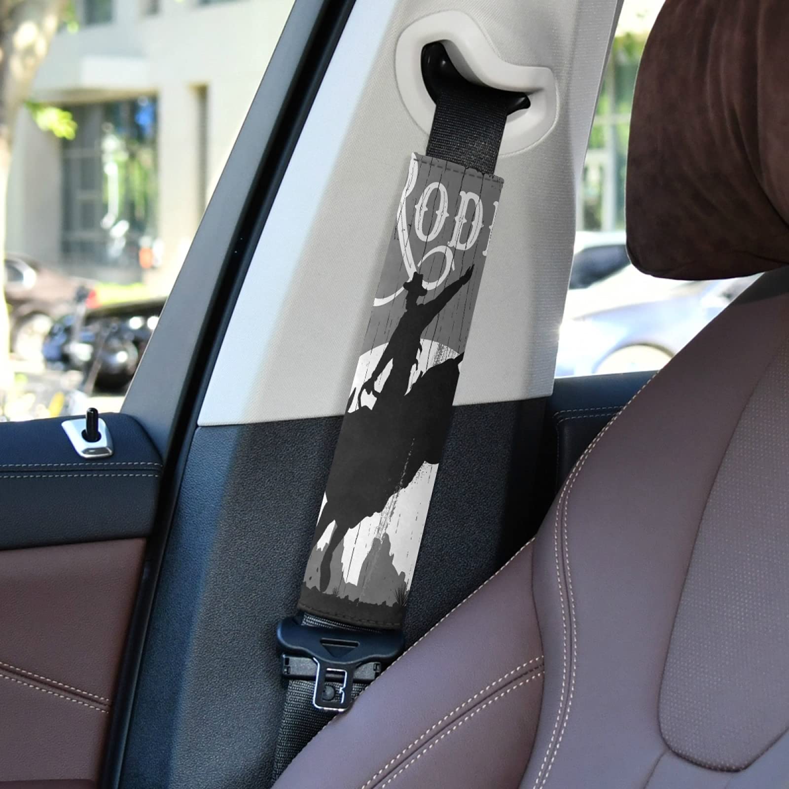 Rodeo Cowboy Riding Bull Desert Cacti Adjustable Car Seat Belt Pad Cover - Universal Shoulder Strap Cushion for Adults & Kids - Comfortable Driving Accessory for Road Trips, Commuting & Long Distance Travel