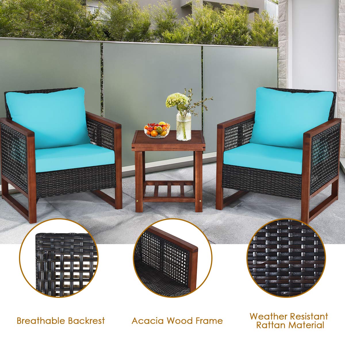 HappyGrill 3-Piece Outdoor Patio Furniture Set - Wicker Chairs with Coffee Table, Acacia Wood Frame & Washable Cushions - Perfect for Garden, Poolside, Backyard, Balcony & Porch Relaxation
