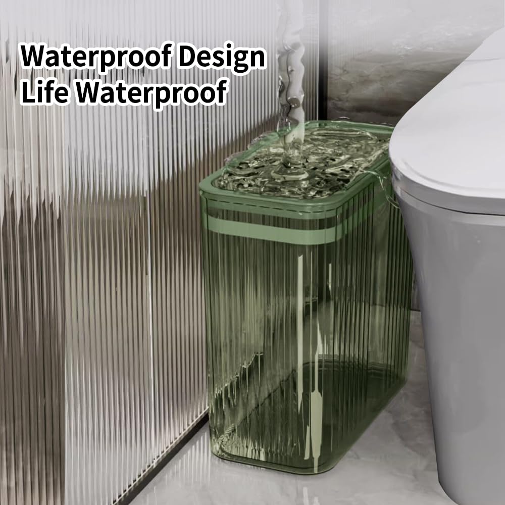 Clear Plastic Trash Can with Press-Top Lid - 3.5 Gallon (15L) Slim Waste Basket for Bathroom, Bedroom, Office & Kitchen - Eco-Friendly Green Garbage Bin for Home Use - Perfect for Small Spaces & Odor Control