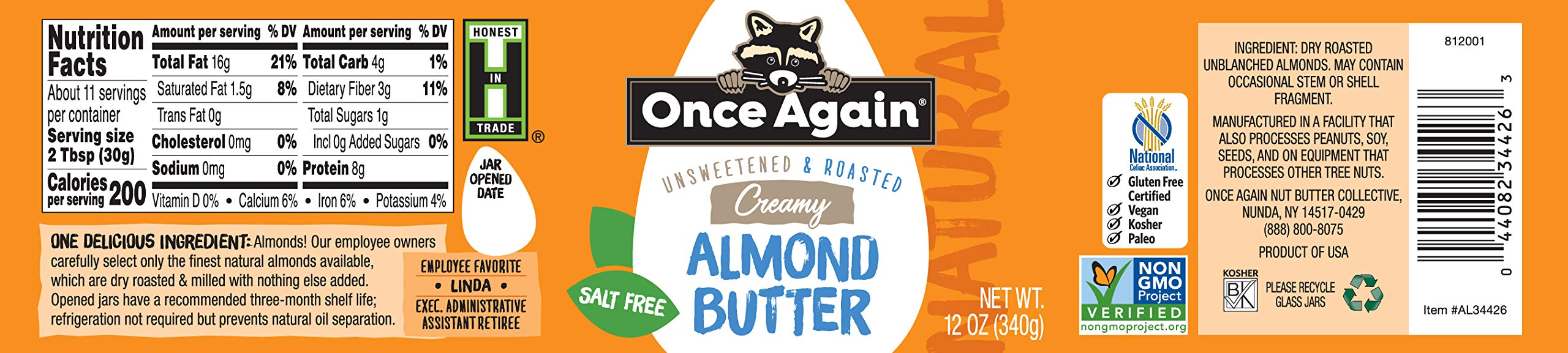 Once Again Natural Creamy Almond Butter, 12oz - Roasted Unsalted Almond Spread, Gluten Free, Vegan, Paleo & Kosher Certified - Healthy Snack for Toast, Smoothies & Baking - Peanut Free, No Added Sugar