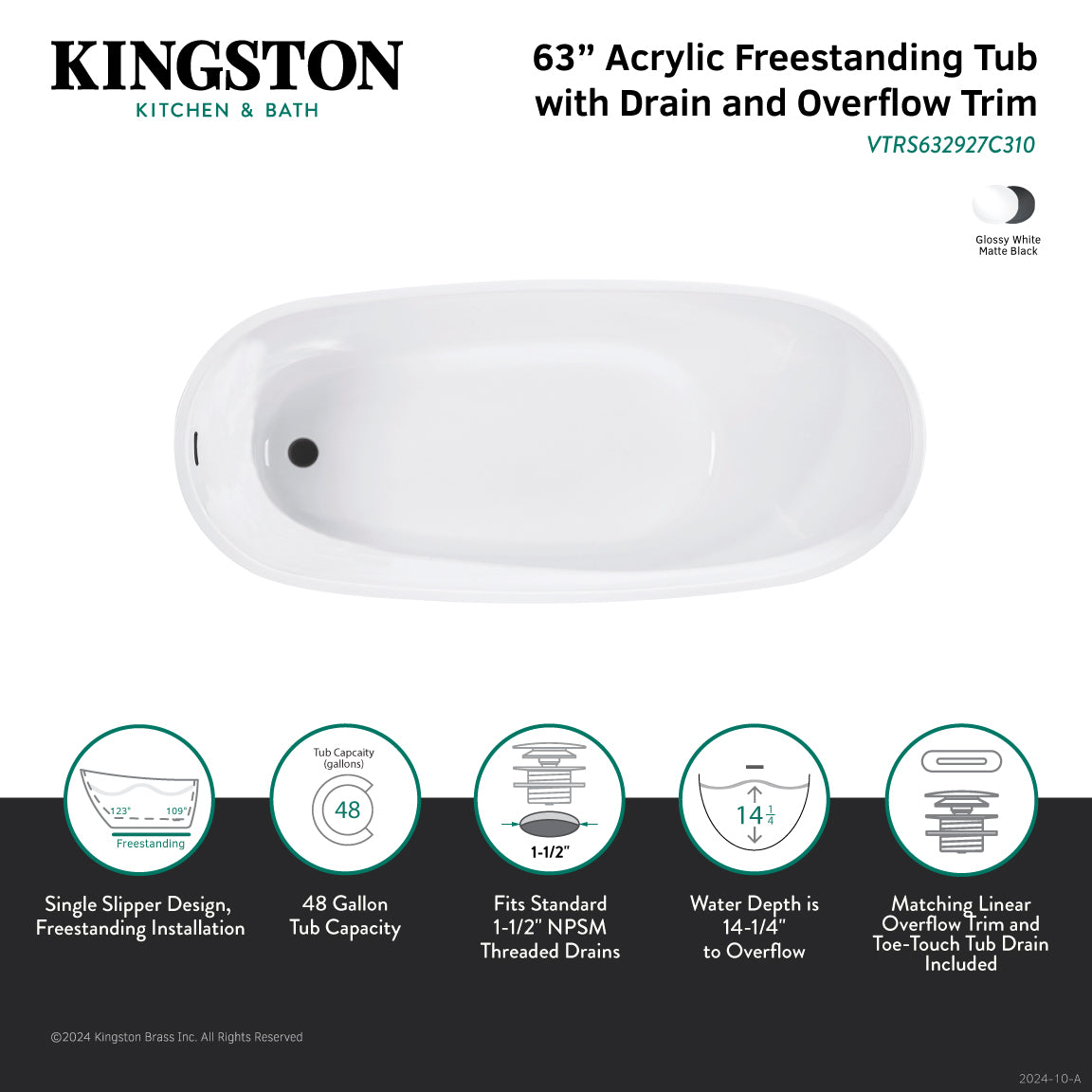 Aqua Eden 63 Inch Acrylic Oval Freestanding Bathtub - Glossy White/Matte Black Slipper Tub with Drain | Modern Soaking Tub for Spa-Like Bathroom Relaxation
