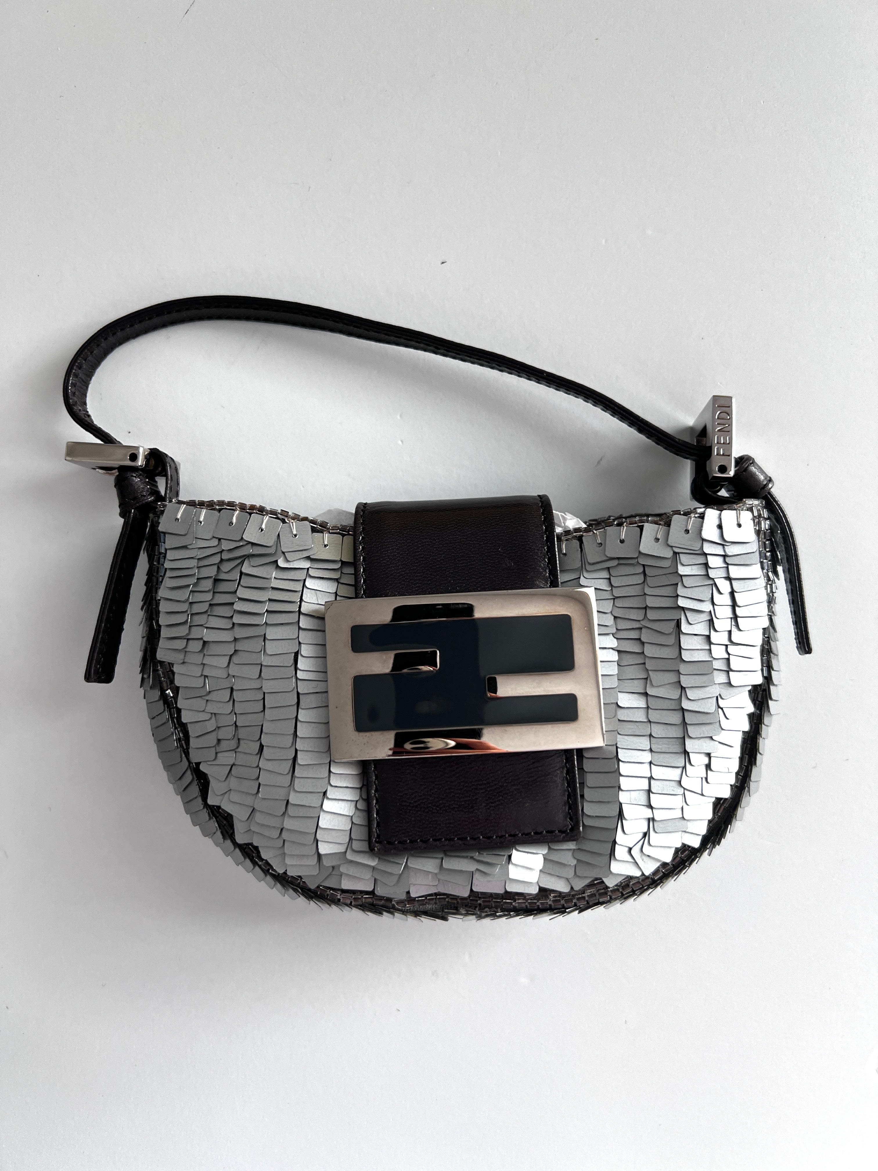 Vintage Fendi Silver Sequin Croissant Bag - Luxury Evening Clutch for Parties, Weddings & Special Occasions