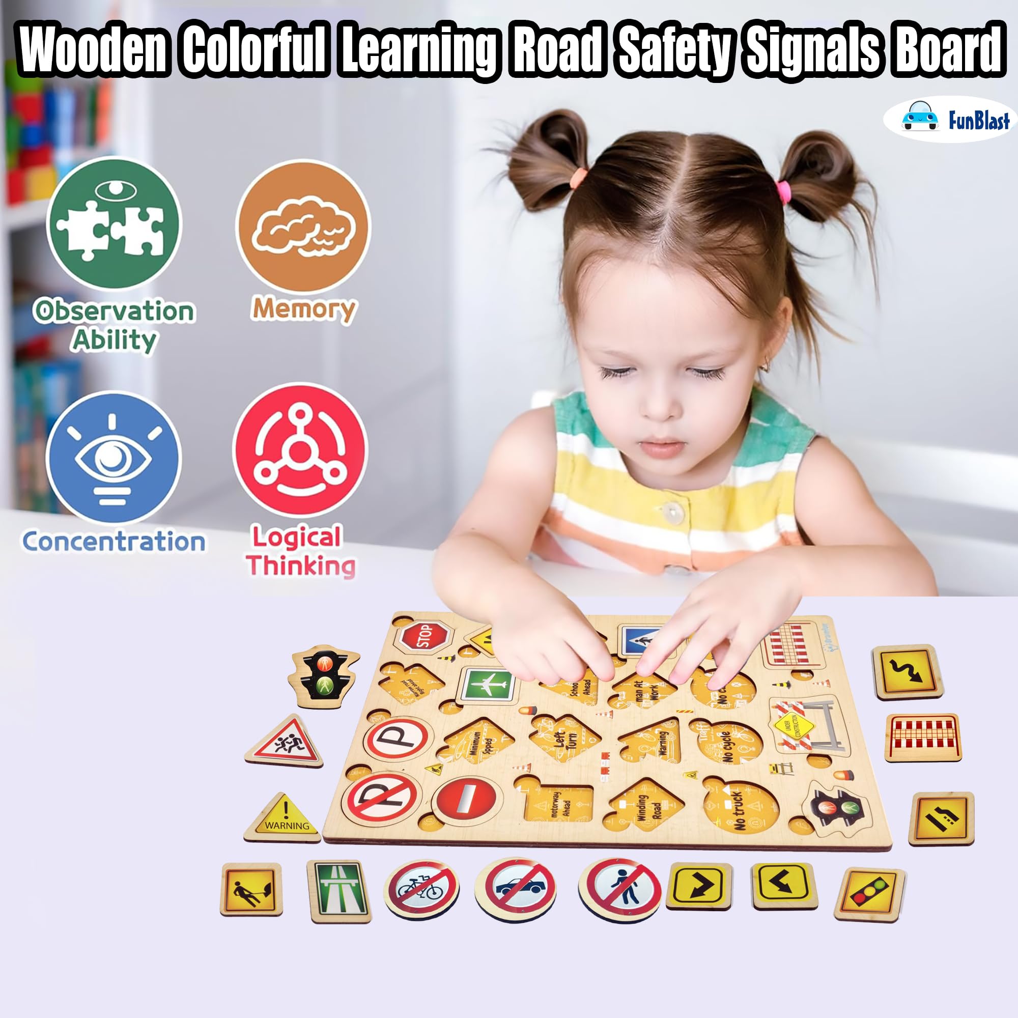 FunBlast Wooden Road Safety Signals Learning Board - Colorful Educational Toy for Kids, Boys & Girls | Traffic Sign Puzzle for Early Childhood Learning & Playroom Activities