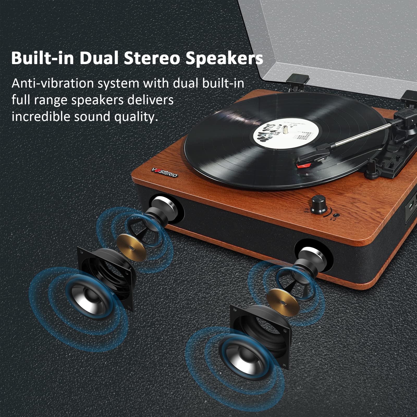 VOSTERIO Bluetooth Record Player - Wireless Turntable with Built-in Speakers, USB/TF Card Playback & Recording, FM Radio, LED Display - Perfect for Home Entertainment, Vinyl Collection & Retro Music Lovers
