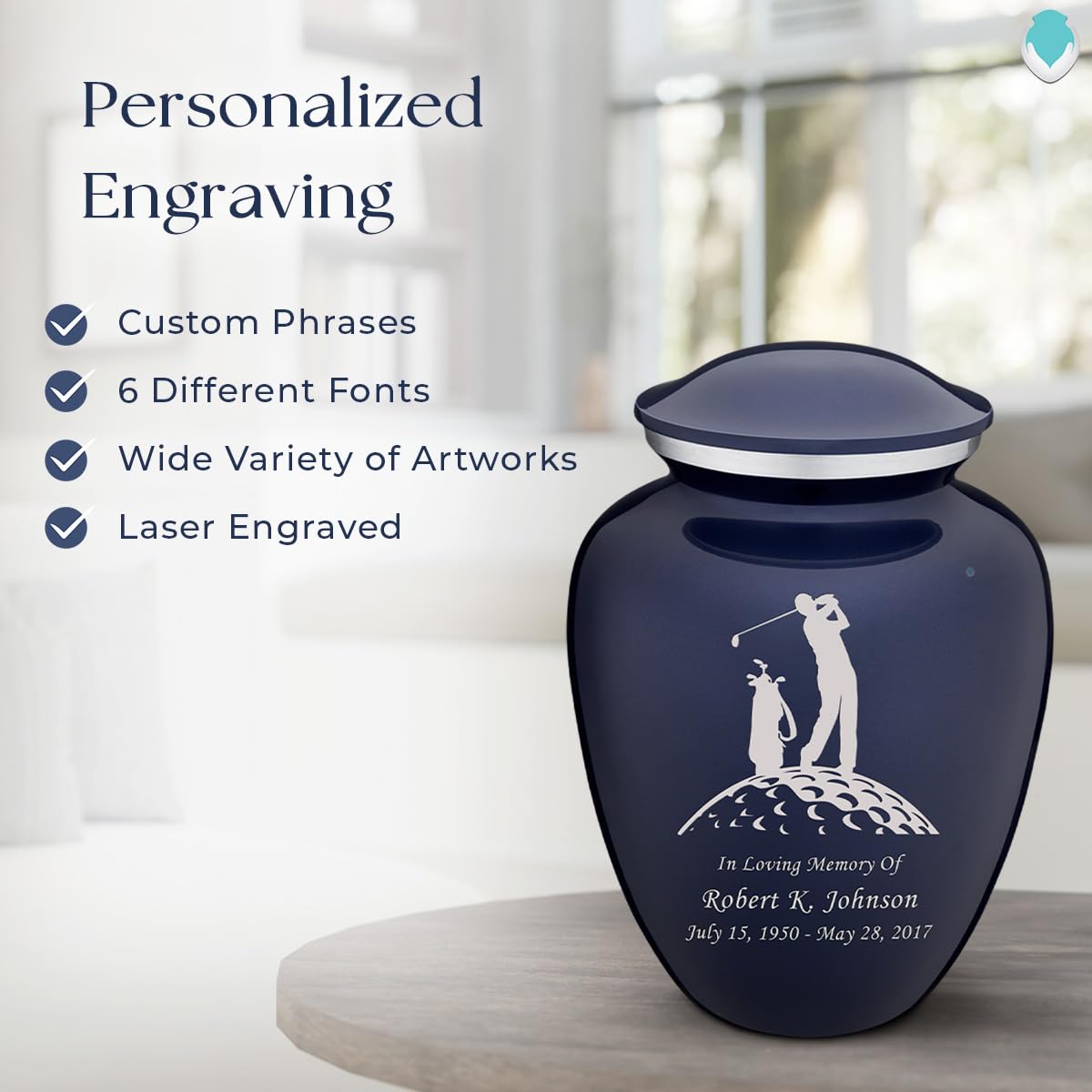 Personalized Golf Cremation Urns for Adults - Large Cobalt Blue Funeral Urn for Men & Women with Double Side Engraving - Holds 200 lbs - Perfect for Memorial Displays, Home Altars & Golf-Themed Memorial Services