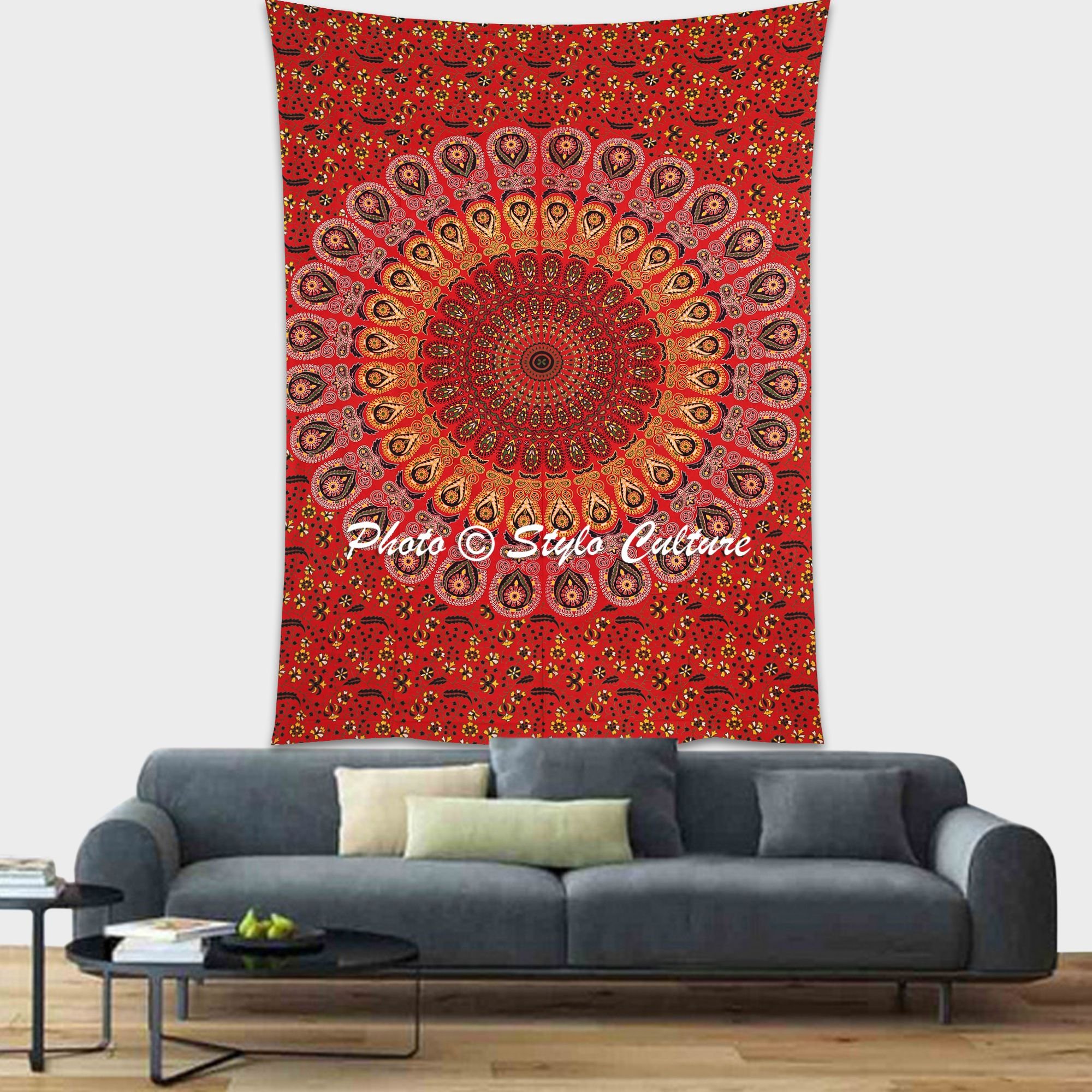 Bohemian Wall Tapestry with Mandala & Peacock Feather Design - Indian Style Fabric Wall Art for Bedroom, Living Room, Beach House Decor - Perfect for Meditation Spaces, Dorm Rooms & Boho Home Decor