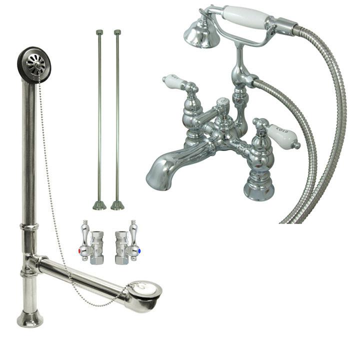 Chrome Deck Mount Clawfoot Tub Faucet with Hand Shower and Drain Supplies - CC1154T1 System for Vintage Bathroom Renovation & Spa Experience