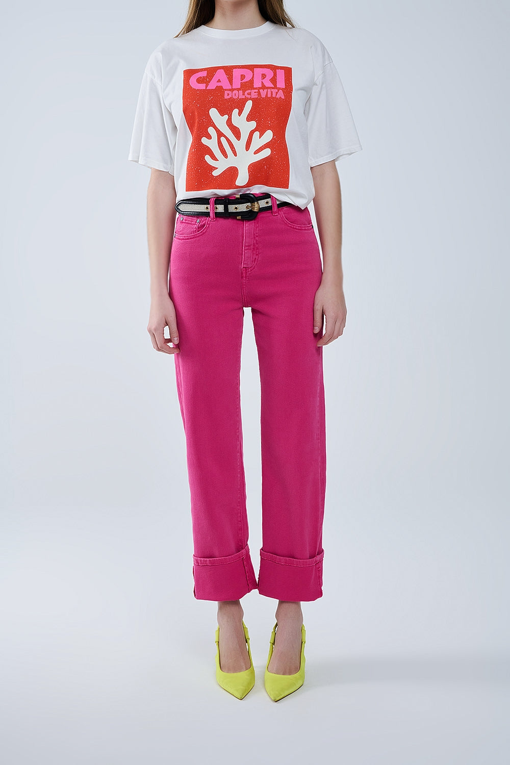 Magenta High-Waisted Straight Leg Pants with Short Hem - Perfect for Office Wear, Casual Outings & Date Nights