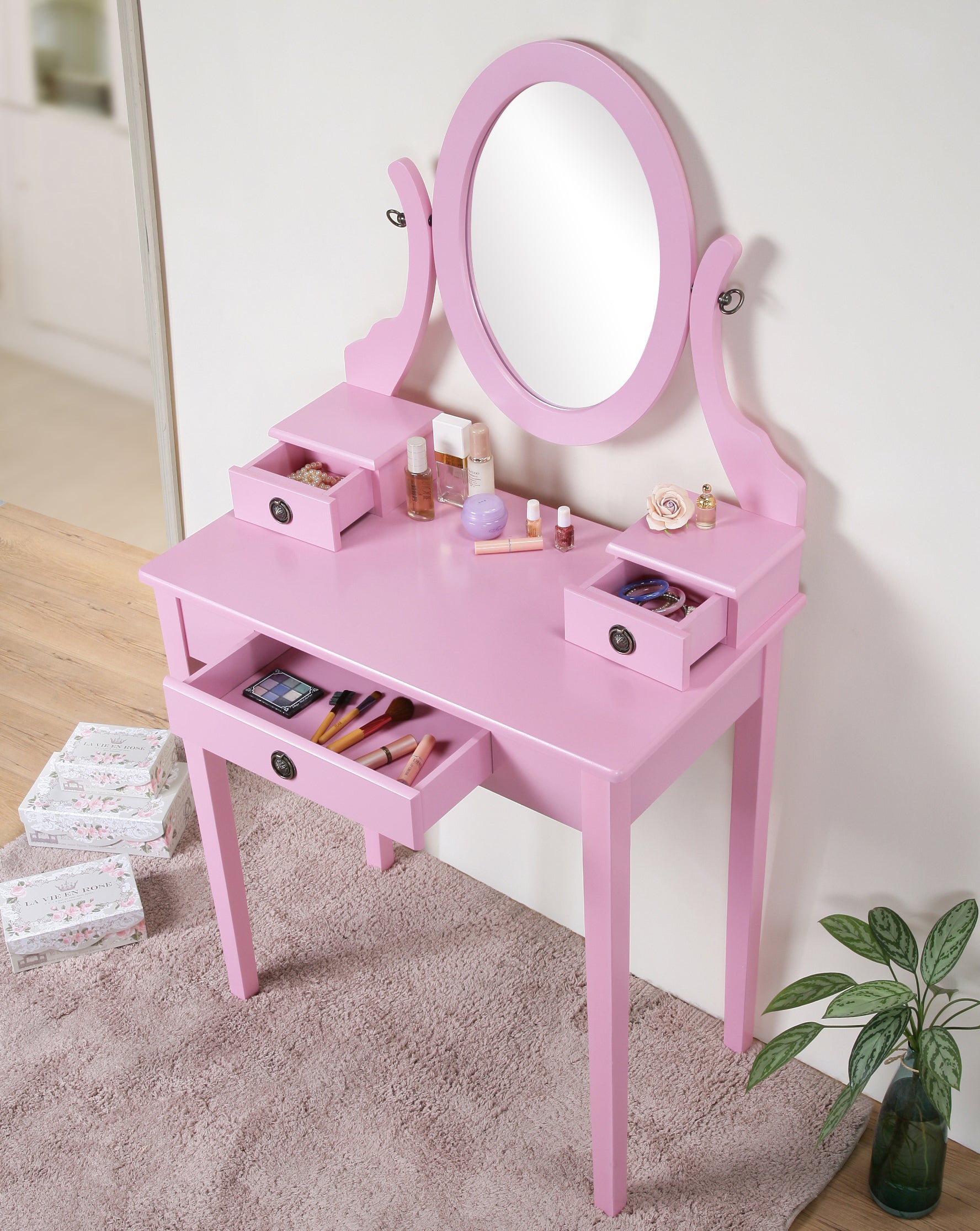 Roundhill Furniture Moniya Wood Makeup Vanity Table with Stool Set - Pink Dressing Table for Bedroom, Girls Room & Beauty Salon | Compact Makeup Desk with Mirror & Storage
