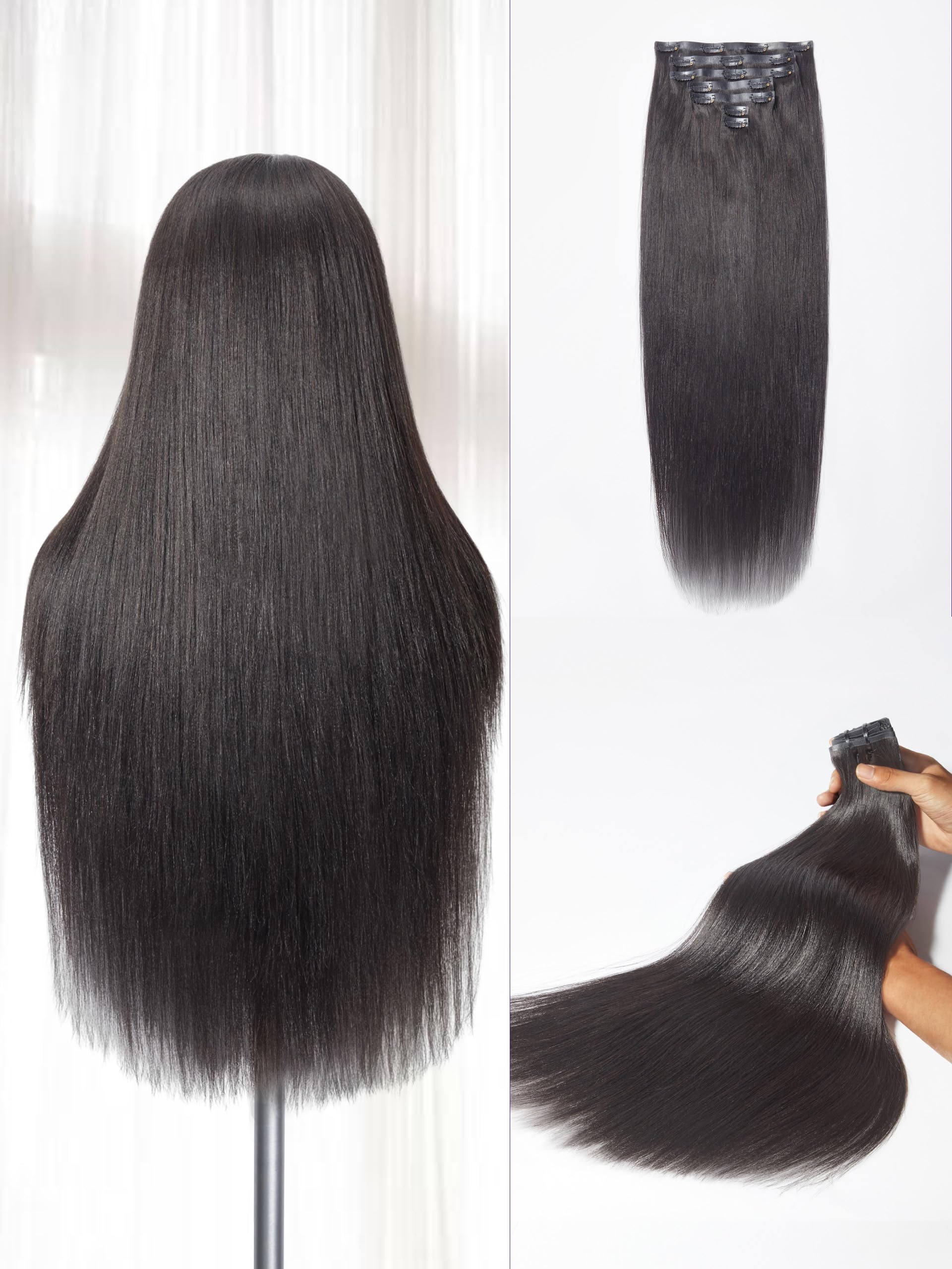 Clip in Hair Extensions for Women - 18 Inch Yaki Straight Human Hair Weft (9pcs, 135g, Natural Black) - Perfect for Daily Styling, Volume Boost & Special Occasions