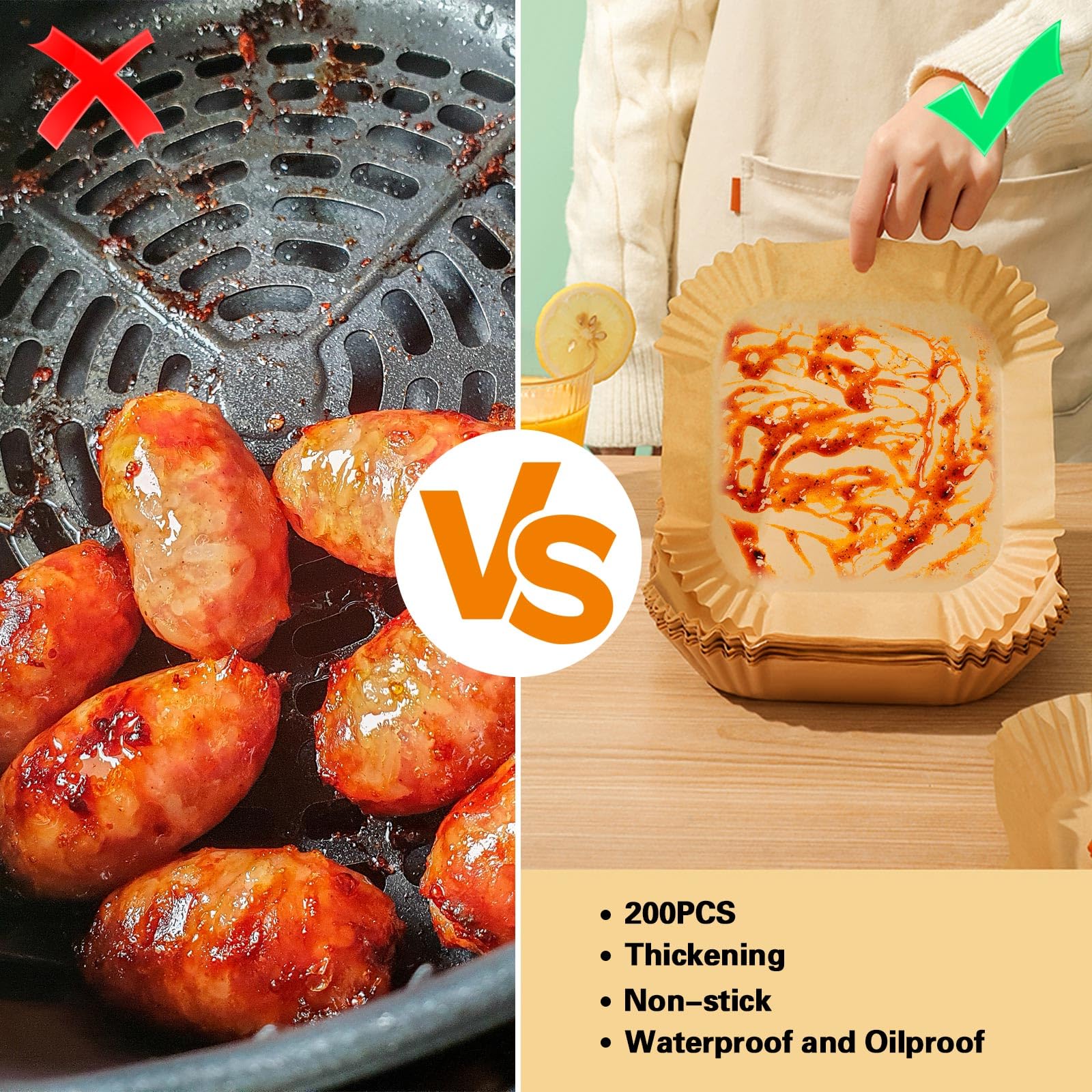 200Pcs 6.3 Inch Square Air Fryer Paper Liners - Non-Stick Disposable Parchment Sheets for Air Fryer, Baking, Roasting & Microwave - Perfect for Healthy Cooking, Meal Prep & Quick Cleanup
