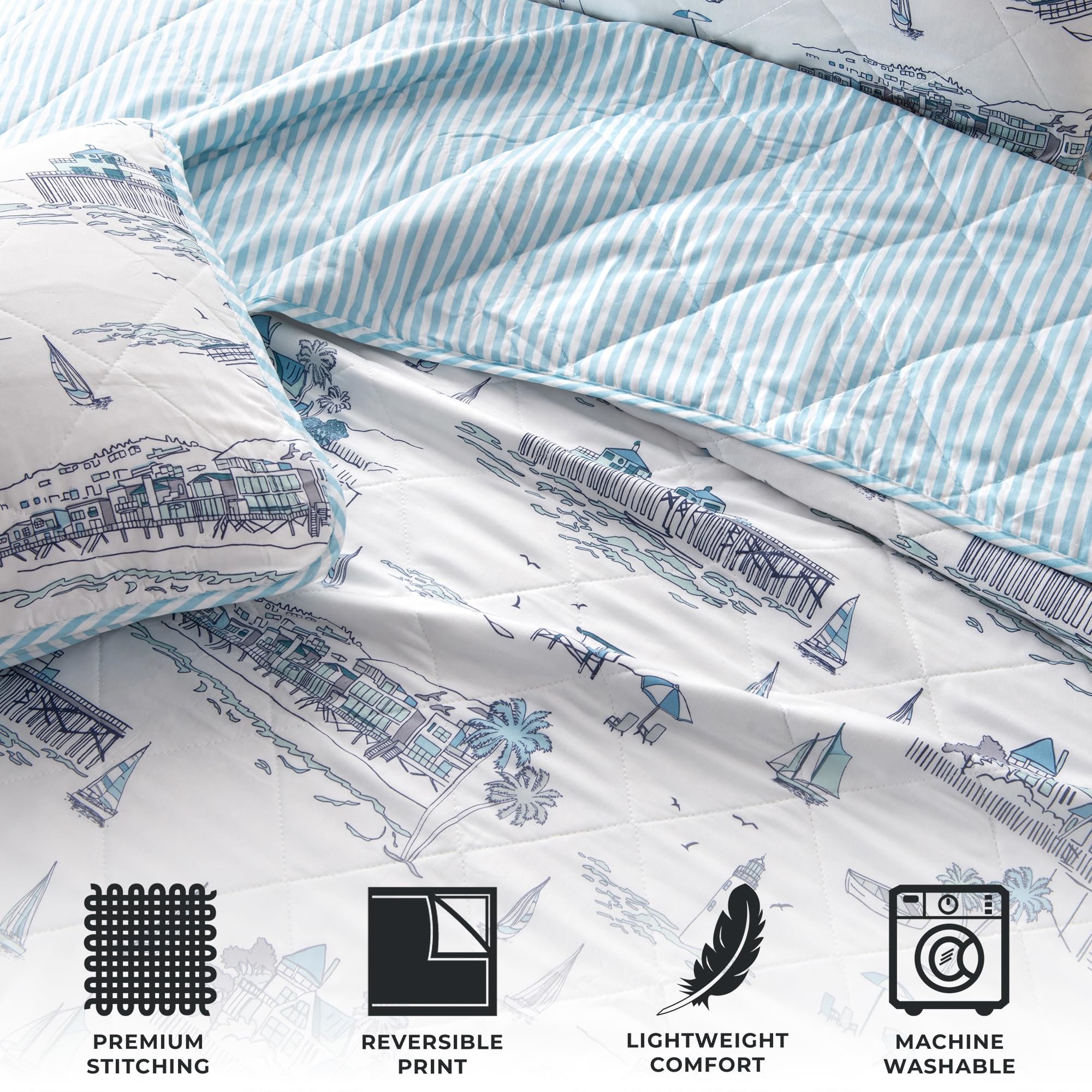 King Coastal Quilt Bedding Set - Lightweight Reversible Nautical Quilted Coverlet with Shams | 3-Piece All Season Beach Bedspread | Cape Elizabeth Collection in Blue | Perfect for Summer Bedroom Decor, Guest Rooms & Coastal-Themed Homes