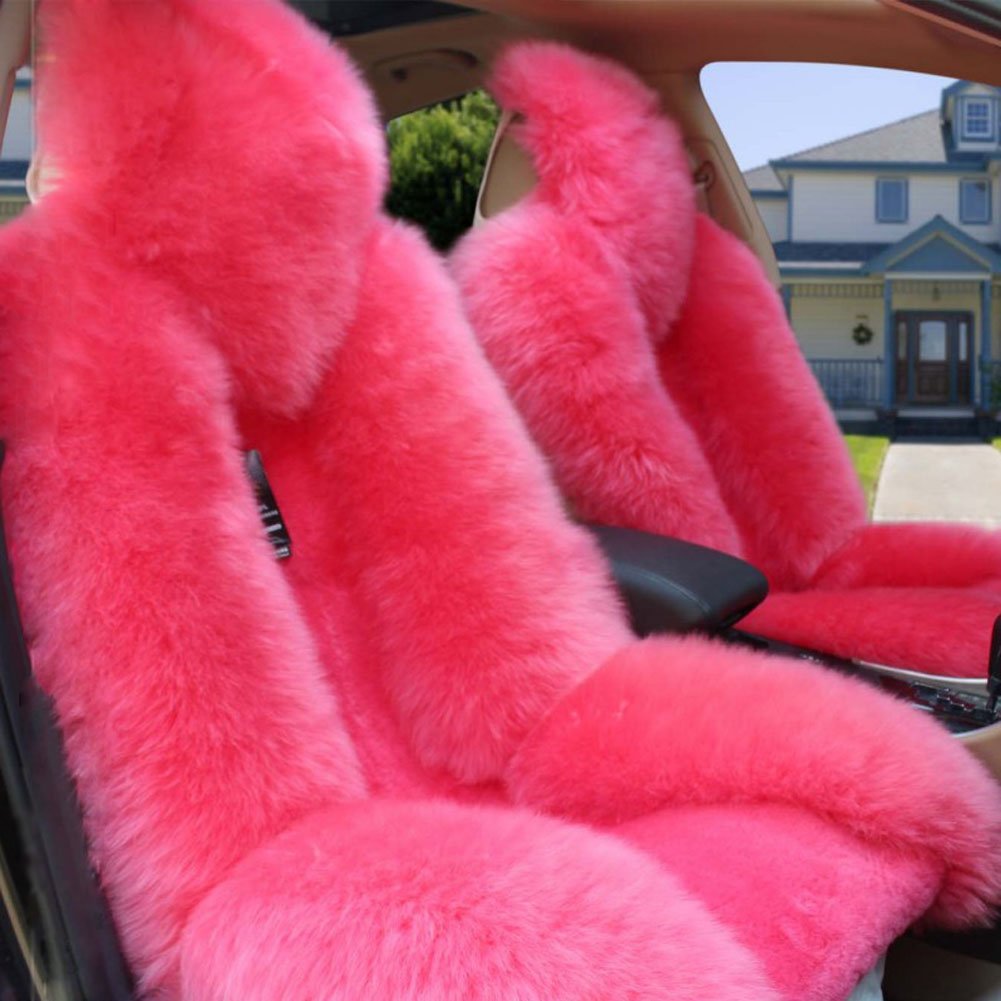 Premium Fluffy Wool Car Seat Covers Set - 4 Piece Front & Rear Seat Protectors (Pink) | Soft & Warm Winter Car Accessories for SUVs, Sedans & Trucks