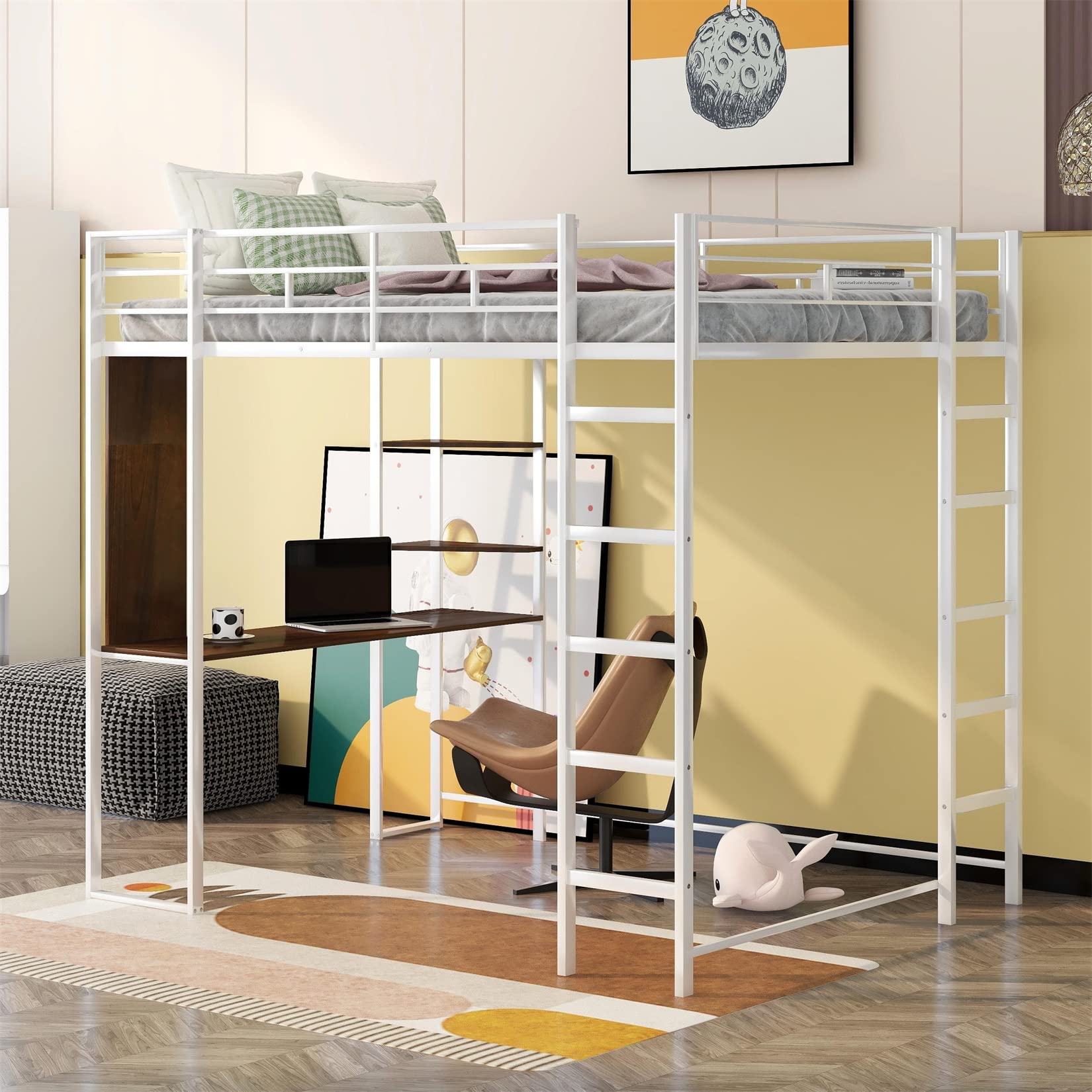 Full Size Metal Loft Bed Frame with Desk & Bookcase - Sturdy White Space-Saving Bed for Teens & Kids - Perfect for Small Bedrooms, Dorm Rooms & Studio Apartments