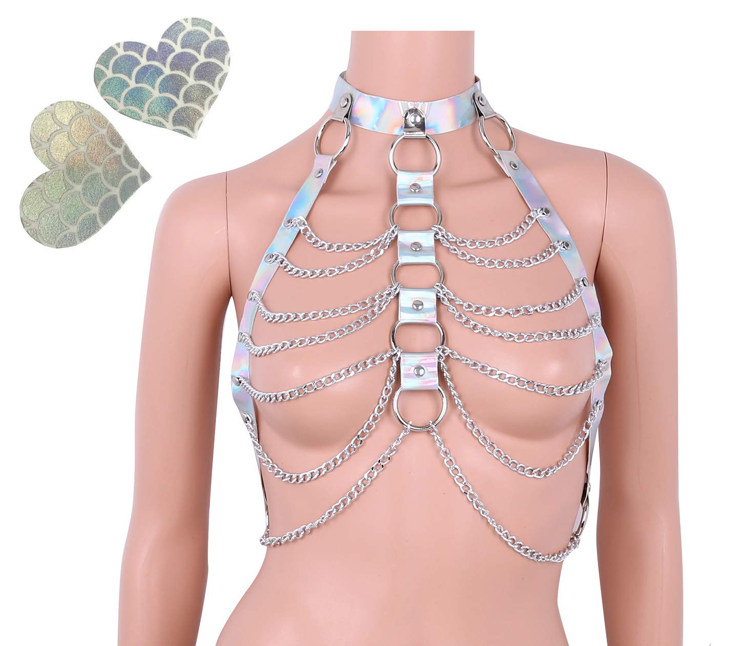 Holographic Rave Body Harness - Cage Bra, Choker & Chain Belt Set with Pasties for Music Festivals, Clubwear & Roleplay - Perfect for EDM Parties, Cosplay & Nightlife Outfits