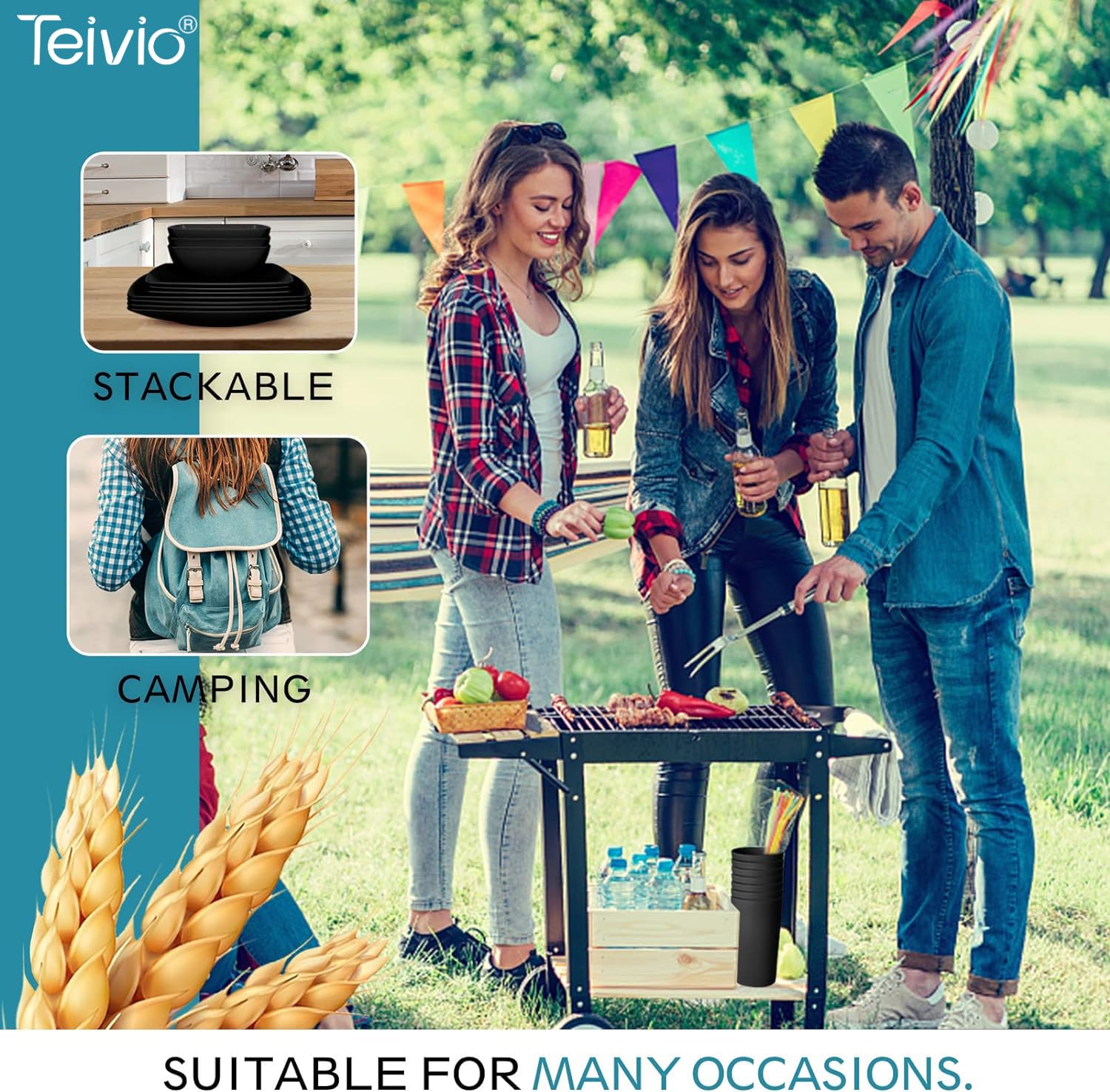Teivio 32-Piece Unbreakable Plastic Wheat Straw Dinnerware Set for 8 - Square Dinner Plates, Salad Plates, Snack Bowls & Tumblers | Dishwasher Safe, Eco-Friendly Black Tableware | Perfect for Parties, Picnics & Everyday Dining