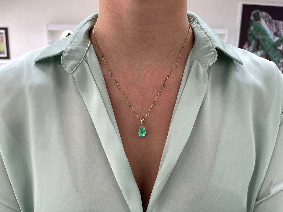 4.54 Carat Teardrop Colombian Emerald Solitaire Necklace in 14K Gold - Elegant Green Gemstone Jewelry for Weddings & Special Occasions