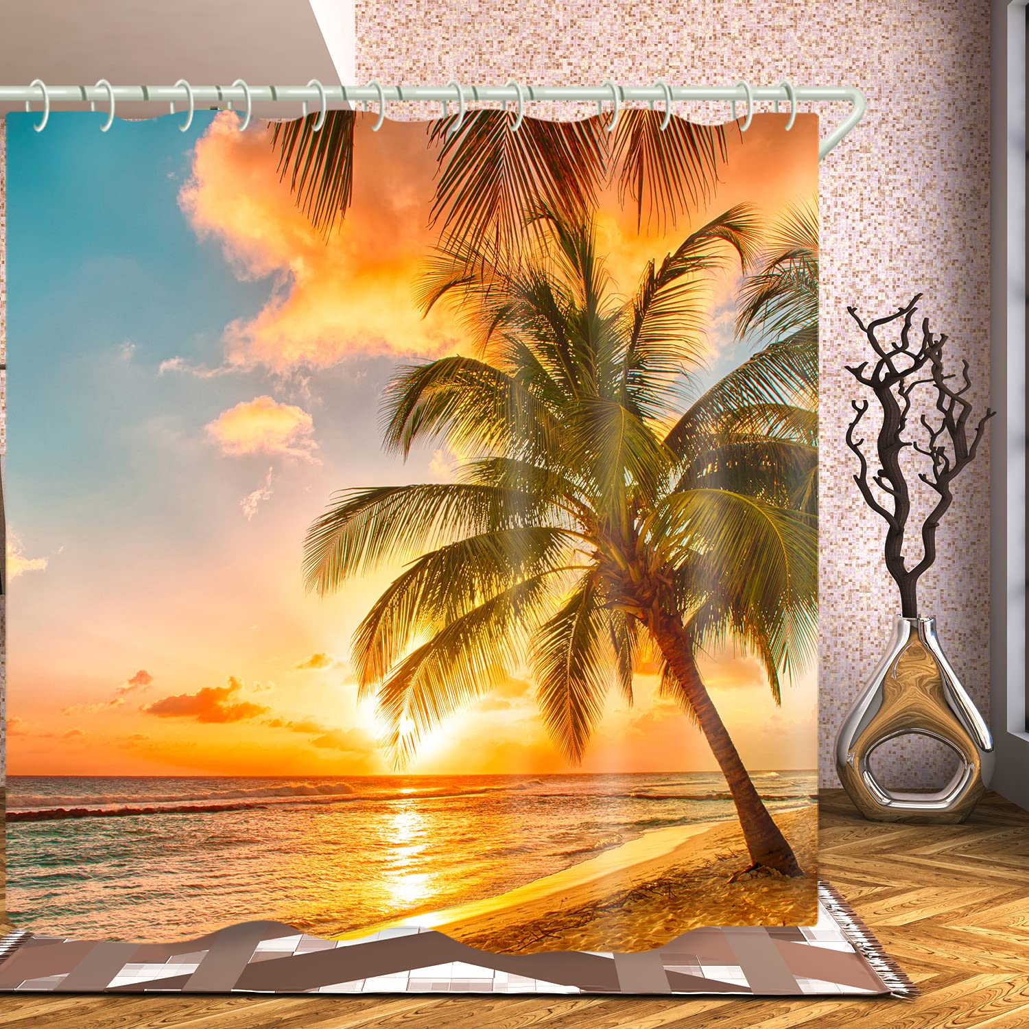 Waterproof Shower Curtain Set with Natural Beach Coconut Tree Print - Polyester Fabric Bathroom Curtain with Hooks & Liners - Coastal Decor for Bathroom, Bathtub, and Toilet Accessories - Perfect for Beach-Themed Bathrooms and Spa-Like Showower Experience