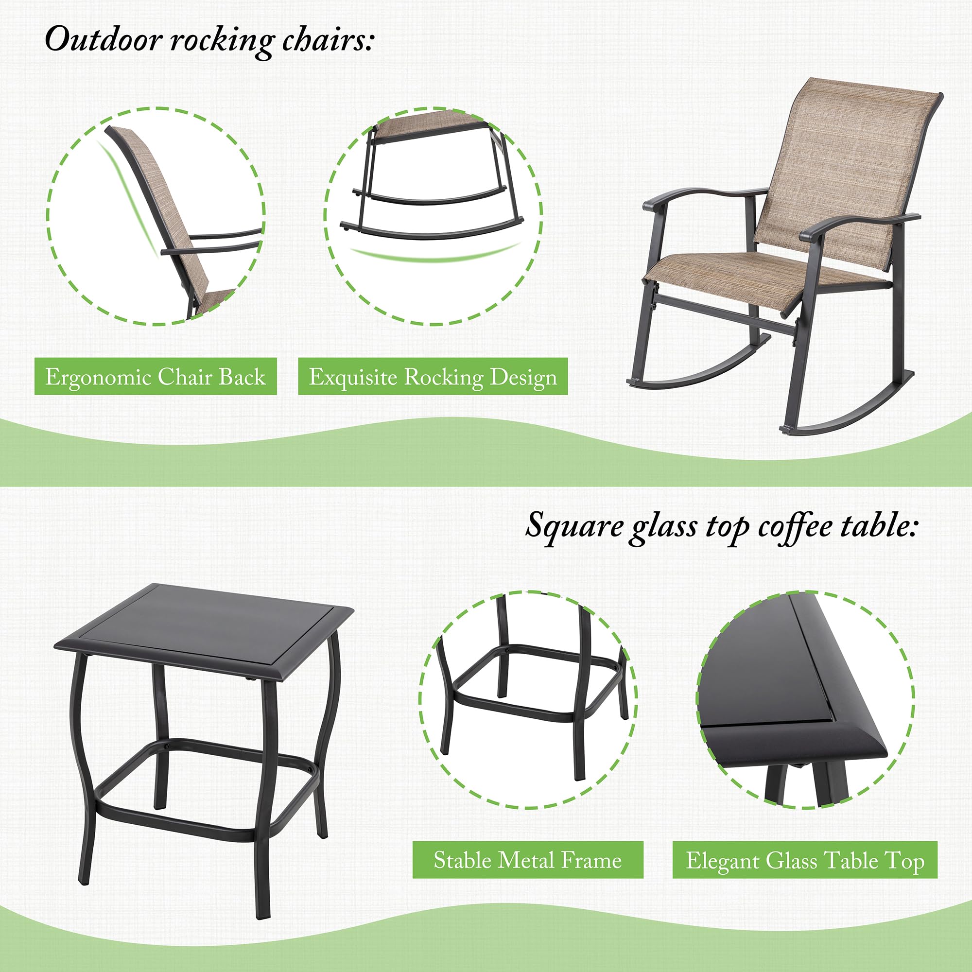 Shintenchi 3-Piece Outdoor Rocking Bistro Set with Rocker Chairs & Glass Coffee Table - Brown Patio Furniture for Small Spaces, Balcony & Porch - Perfect for Relaxing, Entertaining & Enjoying Morning Coffee