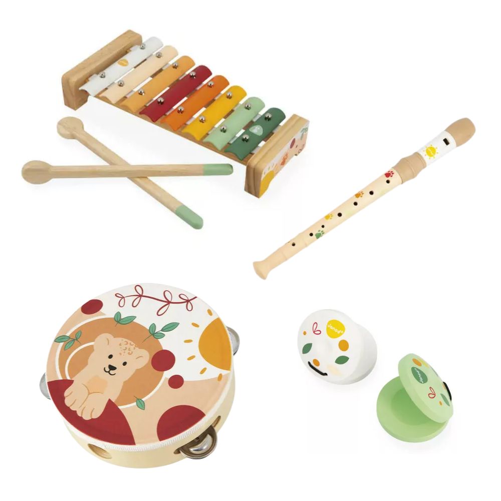 Janod Musical Set of 5 Wooden Instruments for Kids - Sunshine Themed Percussion Toys for Early Childhood Development - Perfect for Preschool Music Education & Sensory Play