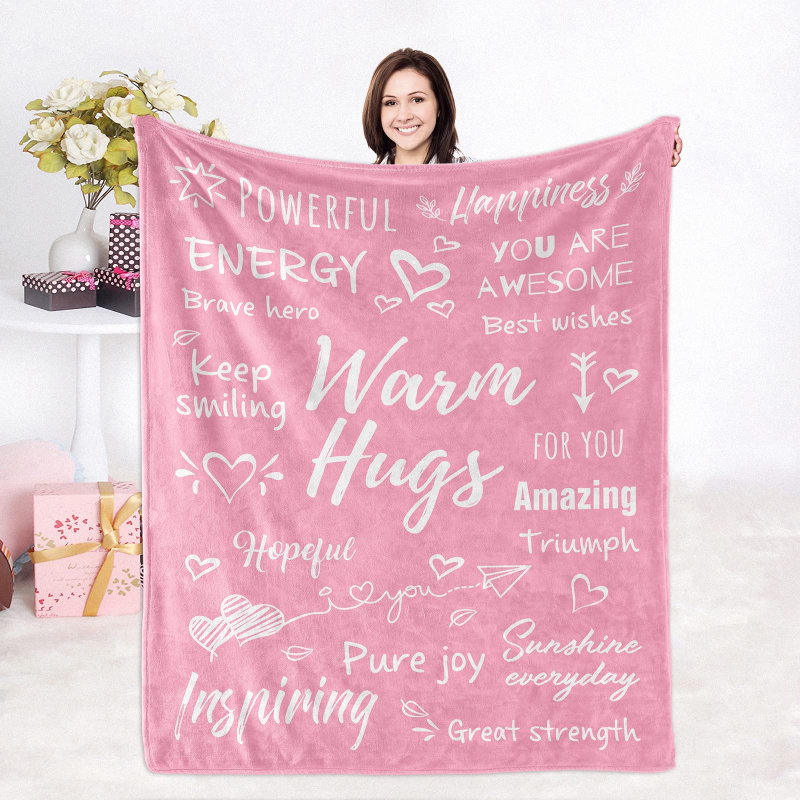 Inspirational and Thank You Gifts for Women - Pink Healing Blanket with Caring Compassionate Thoughts, Warm Hug Get Well Soon Gift for Sister, Friend - Perfect for Comfort, Recovery, and Cozy Moments at Home