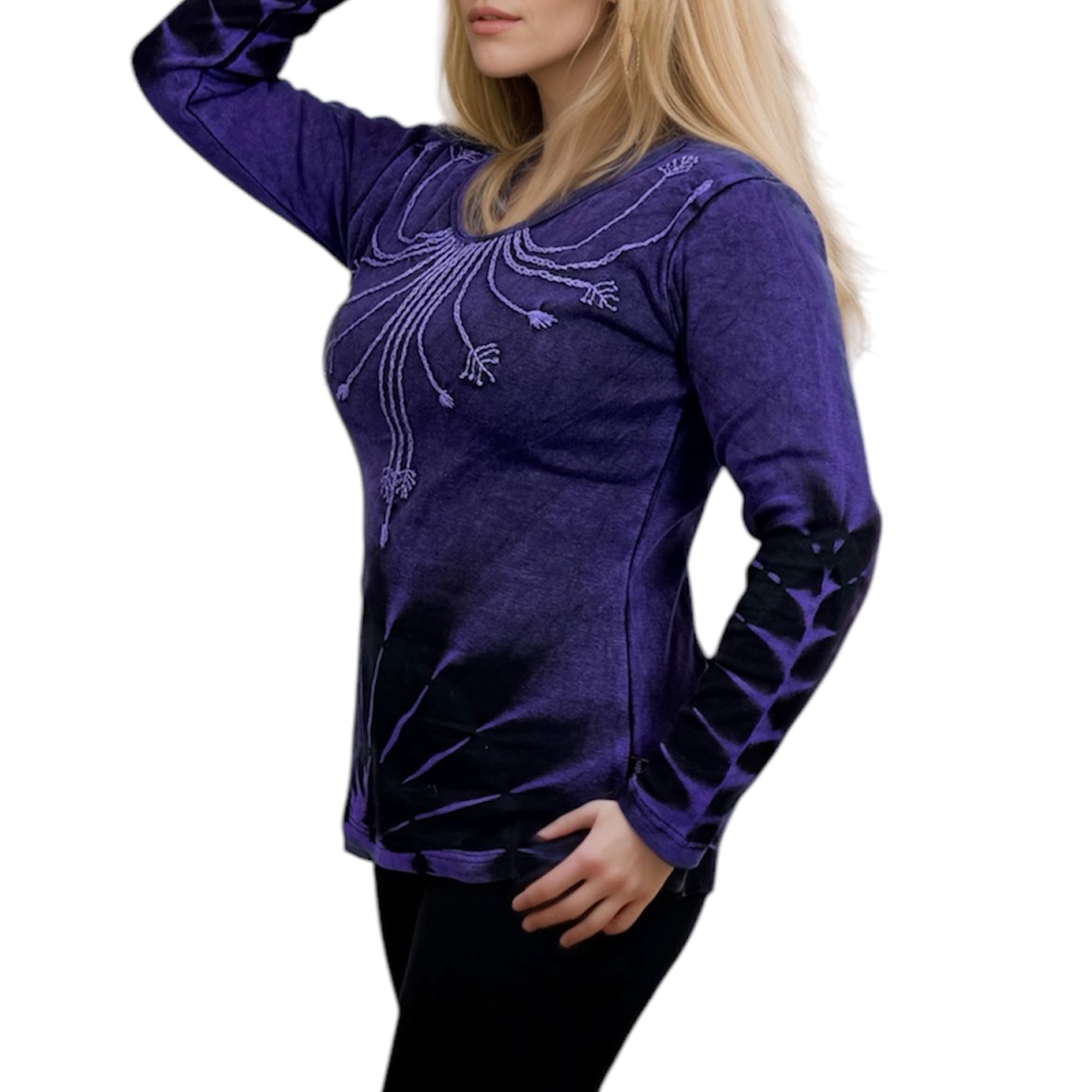 Agan Traders 2025 Spring Women's Bohemian Tie-Dye Knit Jersey Patch Razor Cut Embroidered Long Sleeve Sweatshirt Top Blouse - Casual Chic Outfit for Music Festivals & Boho Street Style
