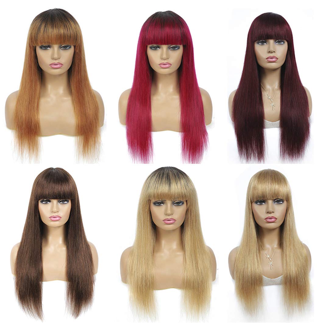 Ombre Brown Brazilian Straight Human Hair Wig with Bangs - 14 Inch Non-Lace Machine Made Wig for Black Women | Natural Look, Comfortable Wear | Perfect for Daily Use, Parties & Special Occasions