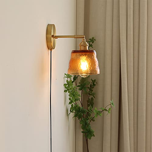 Adjustable Wall Sconce with UL Plug-in Cord - Dimmable E26 Bronze Base Reading Light with Rotating Switch & Yellow Glass Shade - Perfect for Bedroom, Hallway, Kitchen Island, and Bathroom Lighting