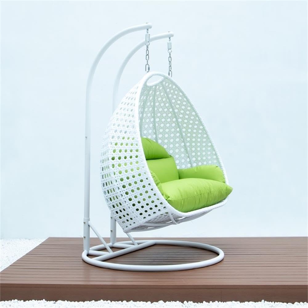 LeisureMod 2-Person Wicker Egg Chair - Outdoor/Indoor Hanging Swing with White Stand & UV-Resistant Cushions (Light Green) - Perfect for Patio, Garden, Bedroom or Balcony Relaxation