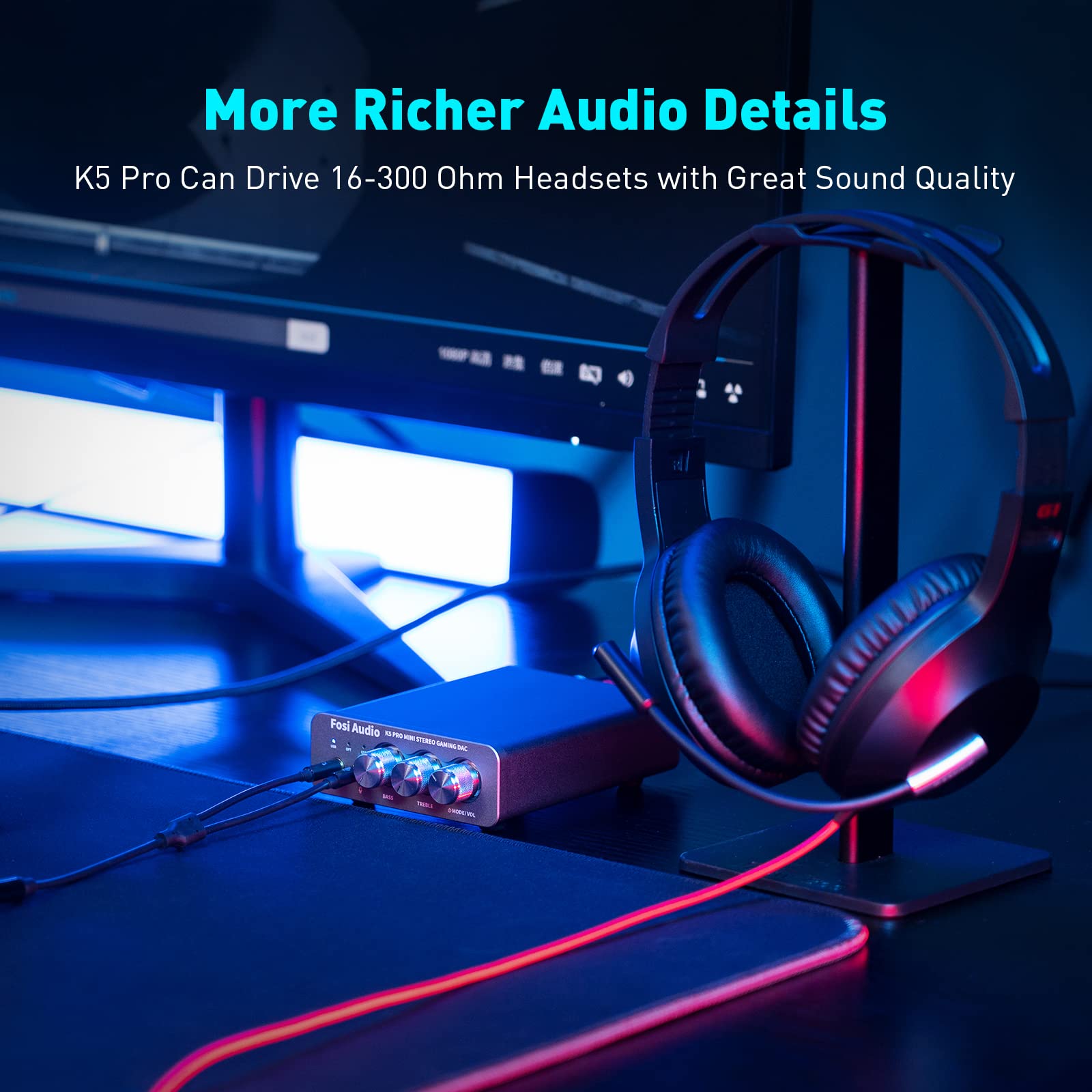 Fosi Audio K5 Pro Gaming DAC & Headphone Amplifier - Mini Hi-Fi Stereo DAC with USB-C/Optical/Coaxial to RCA/3.5mm AUX - for PS5, PC, Mac, Computer - Perfect for Gaming, Music Production & Home Audio Systems