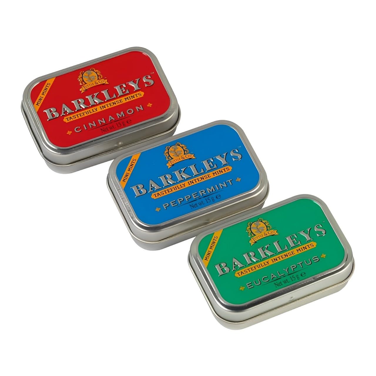 Barkleys Assorted Breath Mini Mints - 3 Strong Flavors (Peppermint, Cinnamon, Eucalyptus) - Vegan Breath Freshener Candy - Reusable Mini Travel Tins - 3 Pack (50 Count Each) - Perfect for Fresh Breath On-The-Go, Office, Travel & Daily Use