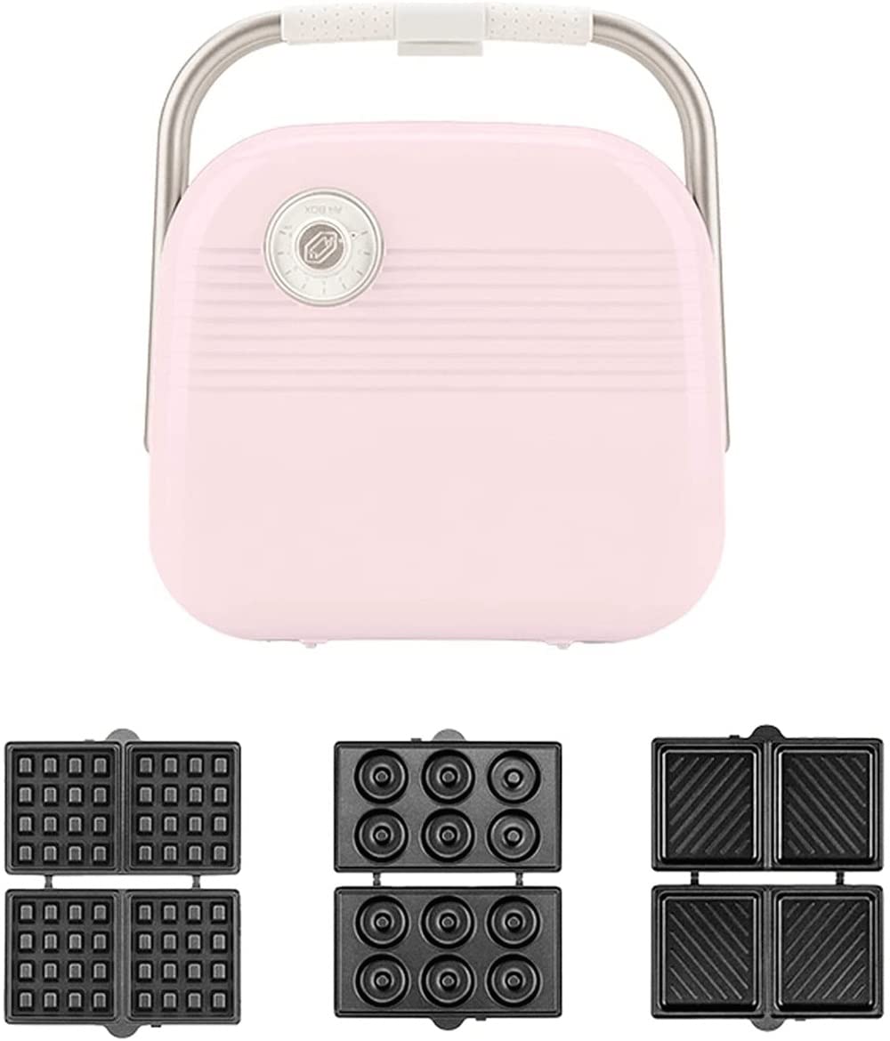 MZLXDEDIAN 3-in-1 Waffle Maker & Grilled Cheese Sandwich Press with Removable Non-Stick Plates, Cool-Touch Handle, 900W Electric - Perfect for Breakfast, Brunch & Camping (Pink)