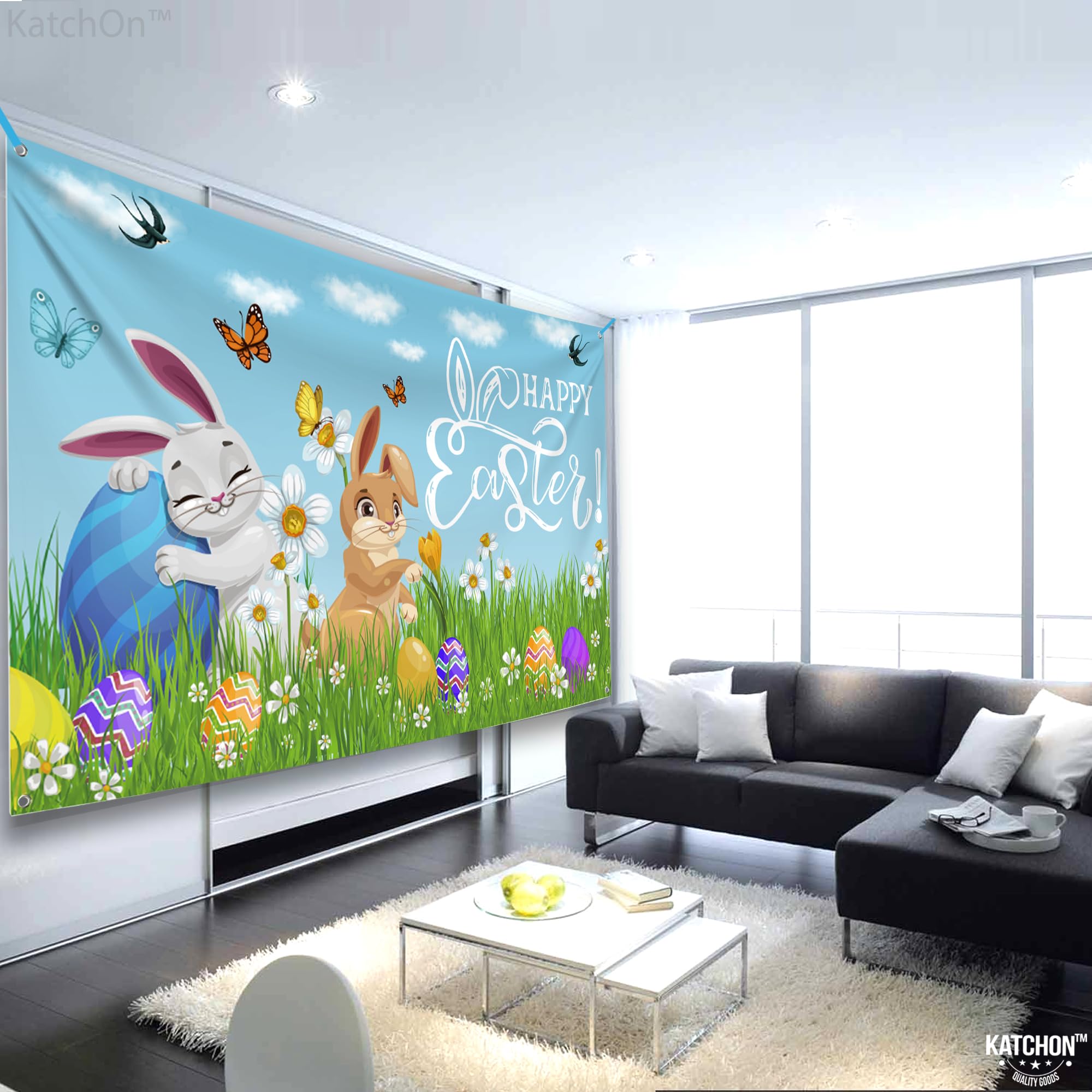 KatchOn Extra Large 72x44 Inch Happy Easter Banner Decorations - Outdoor Easter Party Backdrop, Photography Background & Wall Decor for Easter Celebrations, Church Events & Spring Festivals