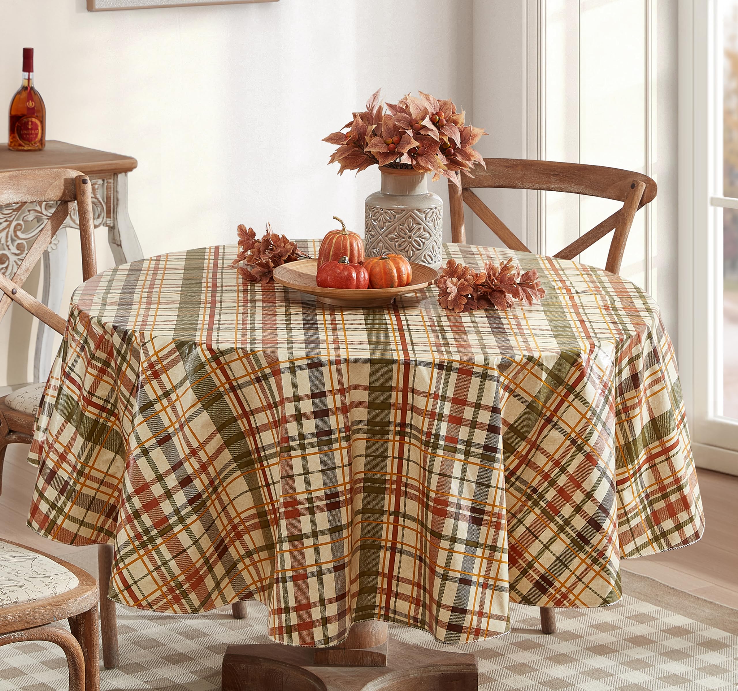 Premium Newbridge Diagonal Plaid Vinyl Tablecloth - Green, Rust & Brown Fall Design, Wipe-Clean Easy Care, 60x84 Inch Oval - Perfect for Thanksgiving, Christmas, and Autumn Dining Decor