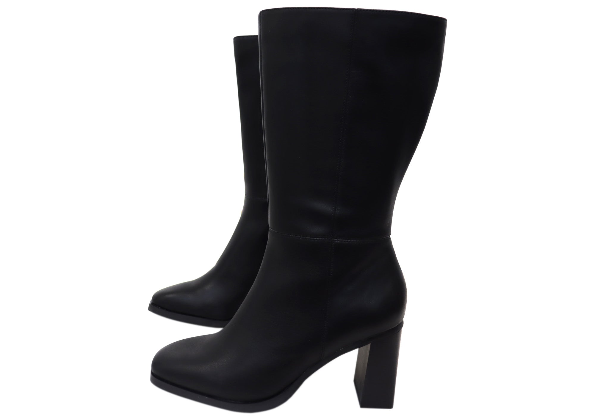 Hush Puppies Women's Black Leather Mid Calf Boots with Heel - Comfortable & Stylish for Work, Casual Outfits & Winter Fashion