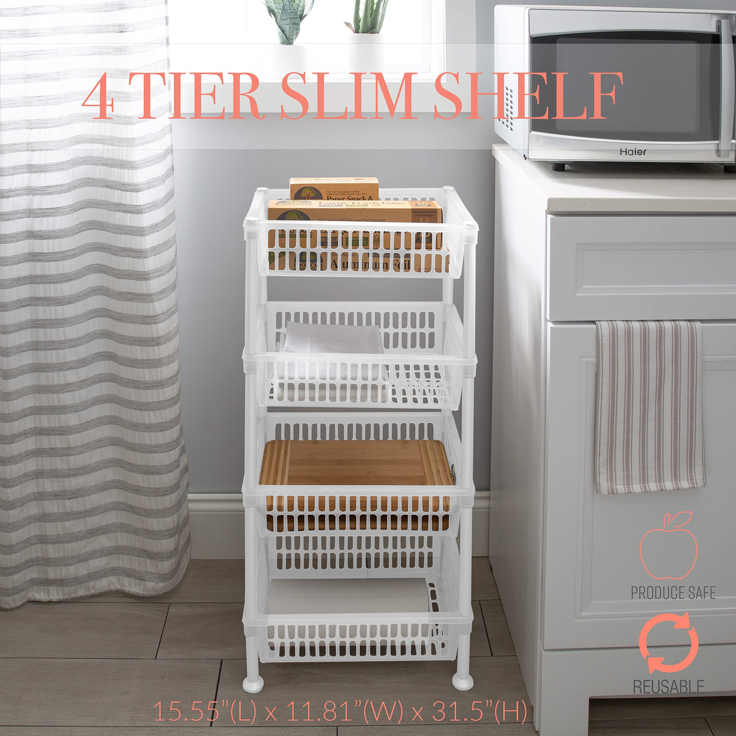 4-Tier Slim Basket Shelf Rack for Kitchen Storage & Organization - Space-Saving Organizer for Pantry, Bathroom, Laundry Room & Office - Perfect for Food, Supplies & Household Items (White) - Ideal for Small Spaces & Clutter-Free Homes